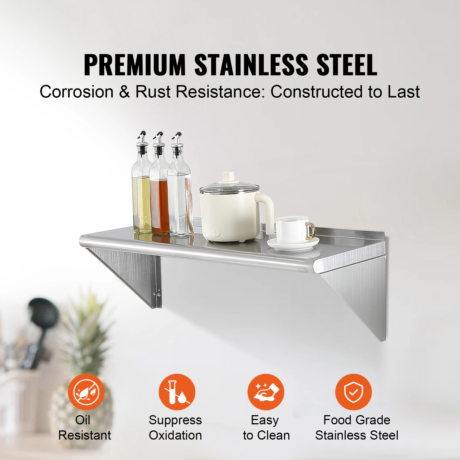 HONGGE Heavy Duty Stainless Steel Wall Mounted Floating Shelving with Brackets for Commercial Storage