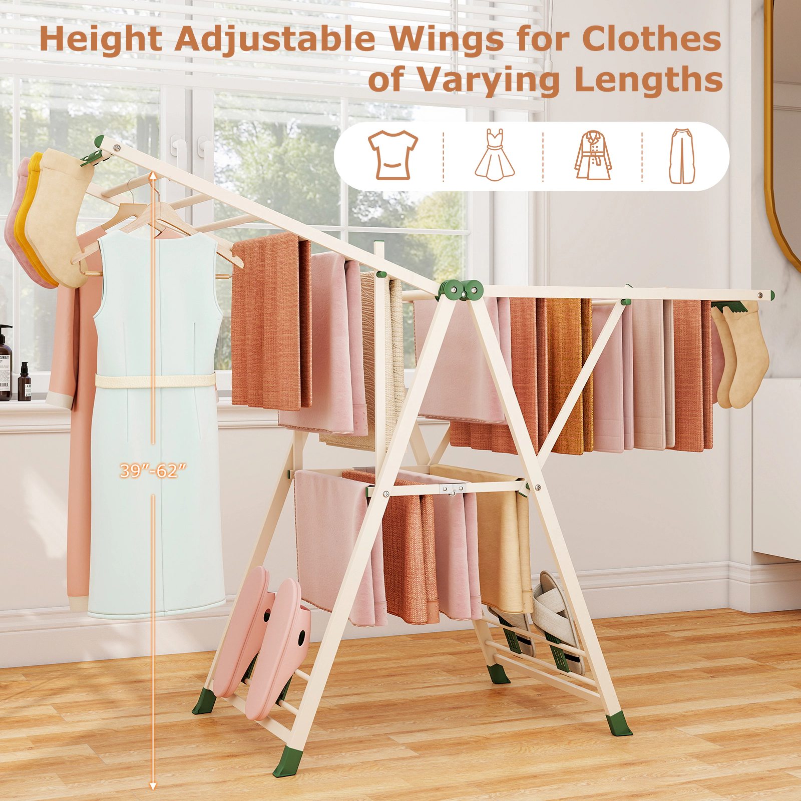SUGIFT 64-in 90-lb Capacity Clothes Drying Rack with Adjustable Wings 28 Sock Clips and 4 Shoe Holders