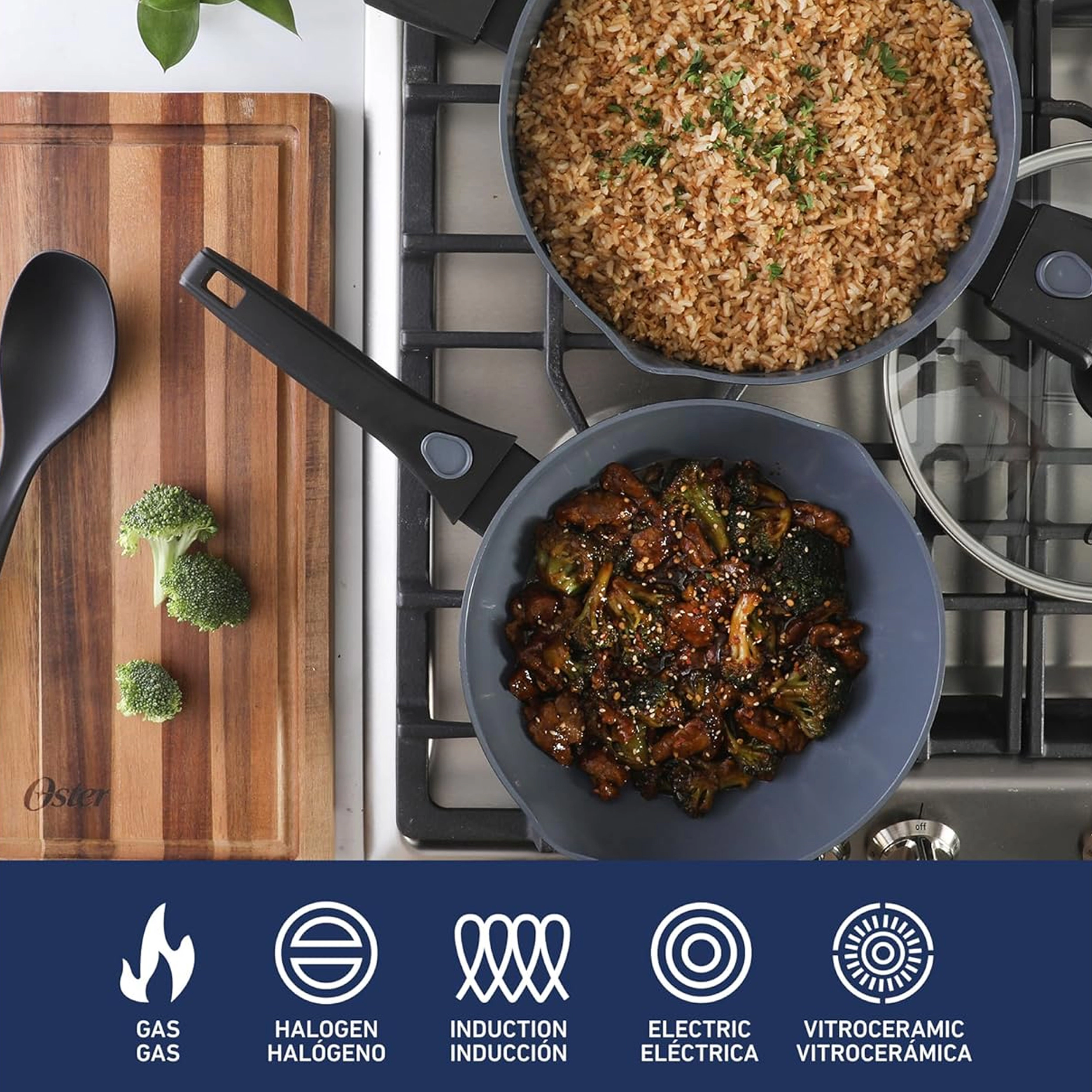Oster SmartHandle Advance 13 Piece Nonstick Cookware Combo Set in Matte Black Grey