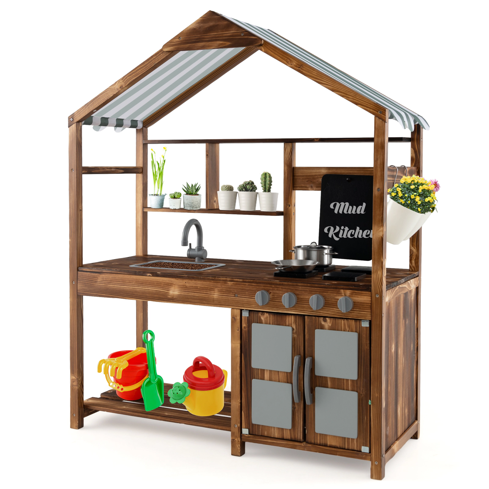 LJG Kid's Mud Kitchen Outdoor Solid Wood Mud Kitchen with Canopy