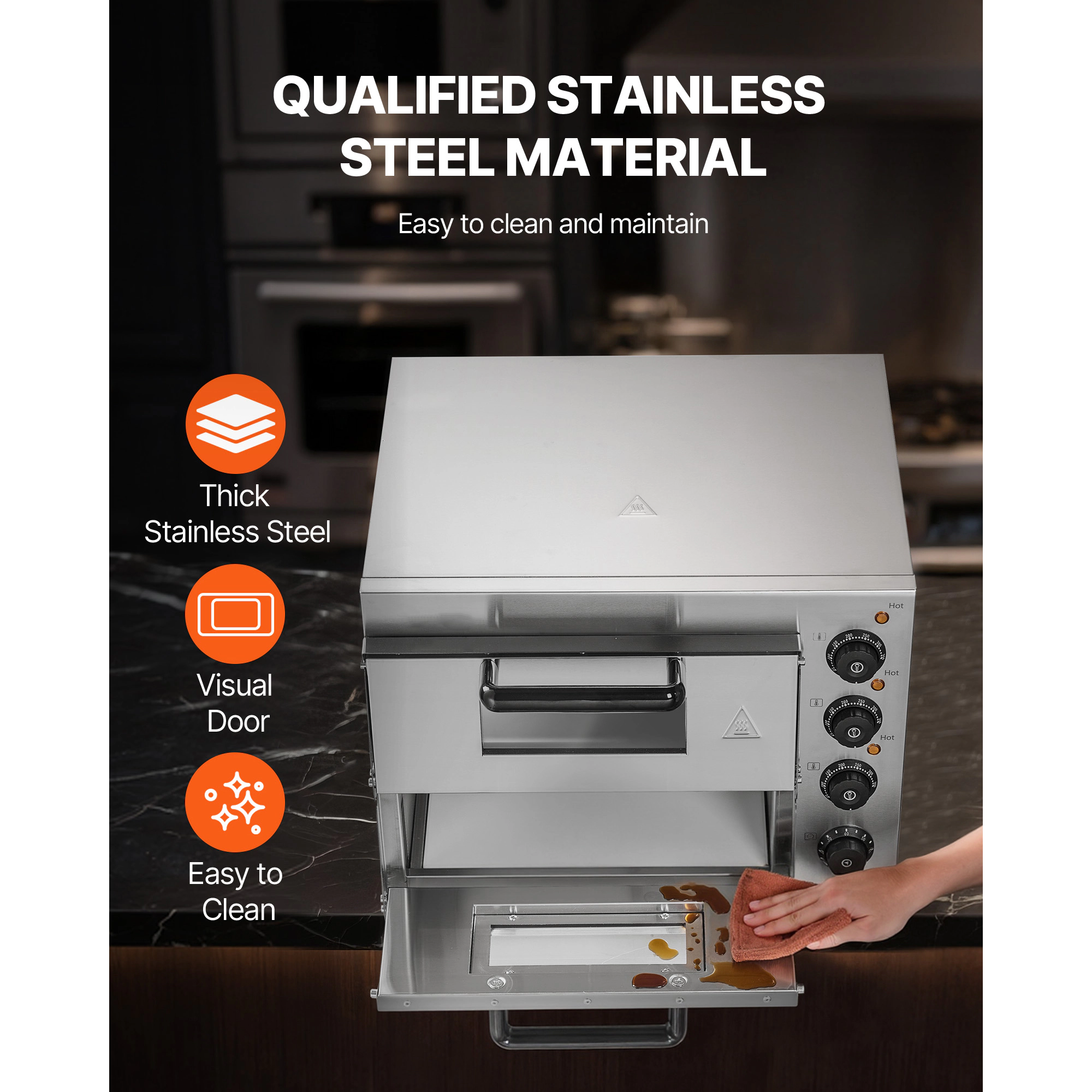 HONGGE Commercial Pizza Oven Countertop, Double Deck Layer, Stainless Steel Electric Pizza Oven with Stone and Handle