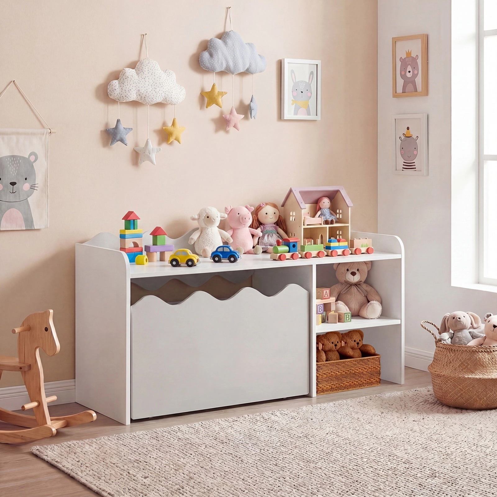 SUGIFT Kids Scalloped Rolling Toy Box Storage Bookshelf 35-in x 16-in x 18-in 77-lb Top Capacity Ages 3+ Gray