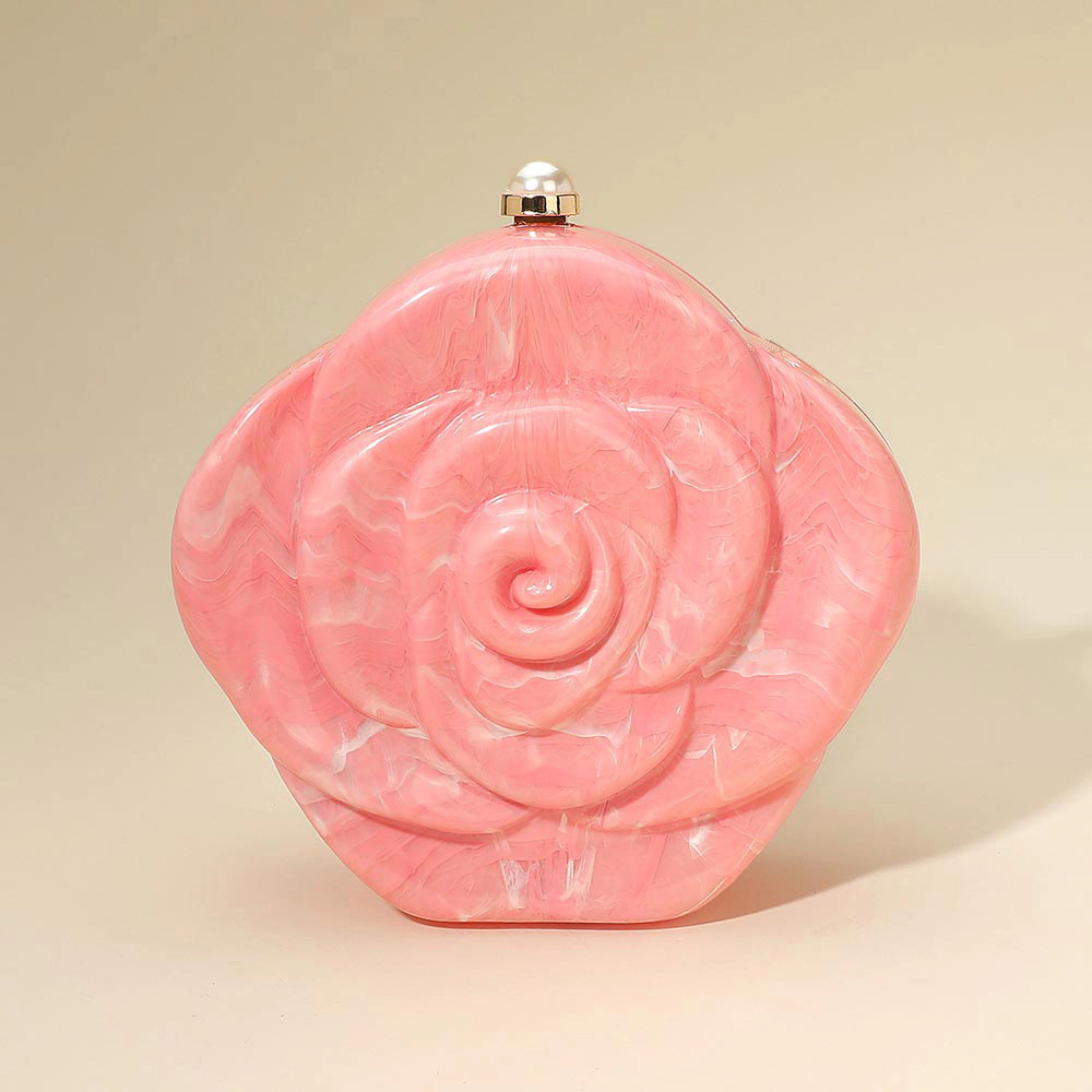 FASHNZFAB Pearl Beaded Handle Rose Clutch Bag Crossbody Bag