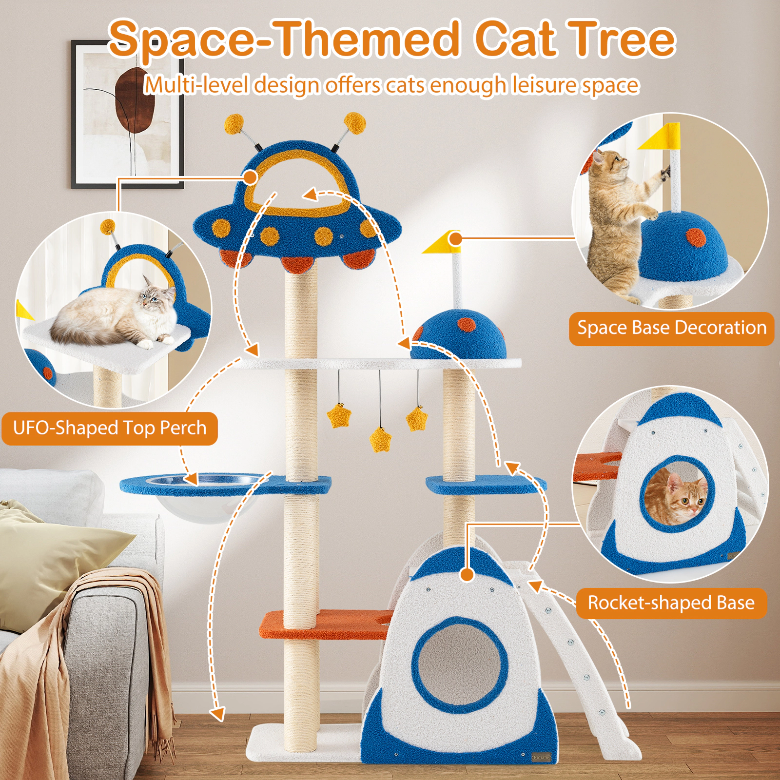 SlickBlue Unisex 64.5 Inch Space Theme Cat Tree with Space Capsule