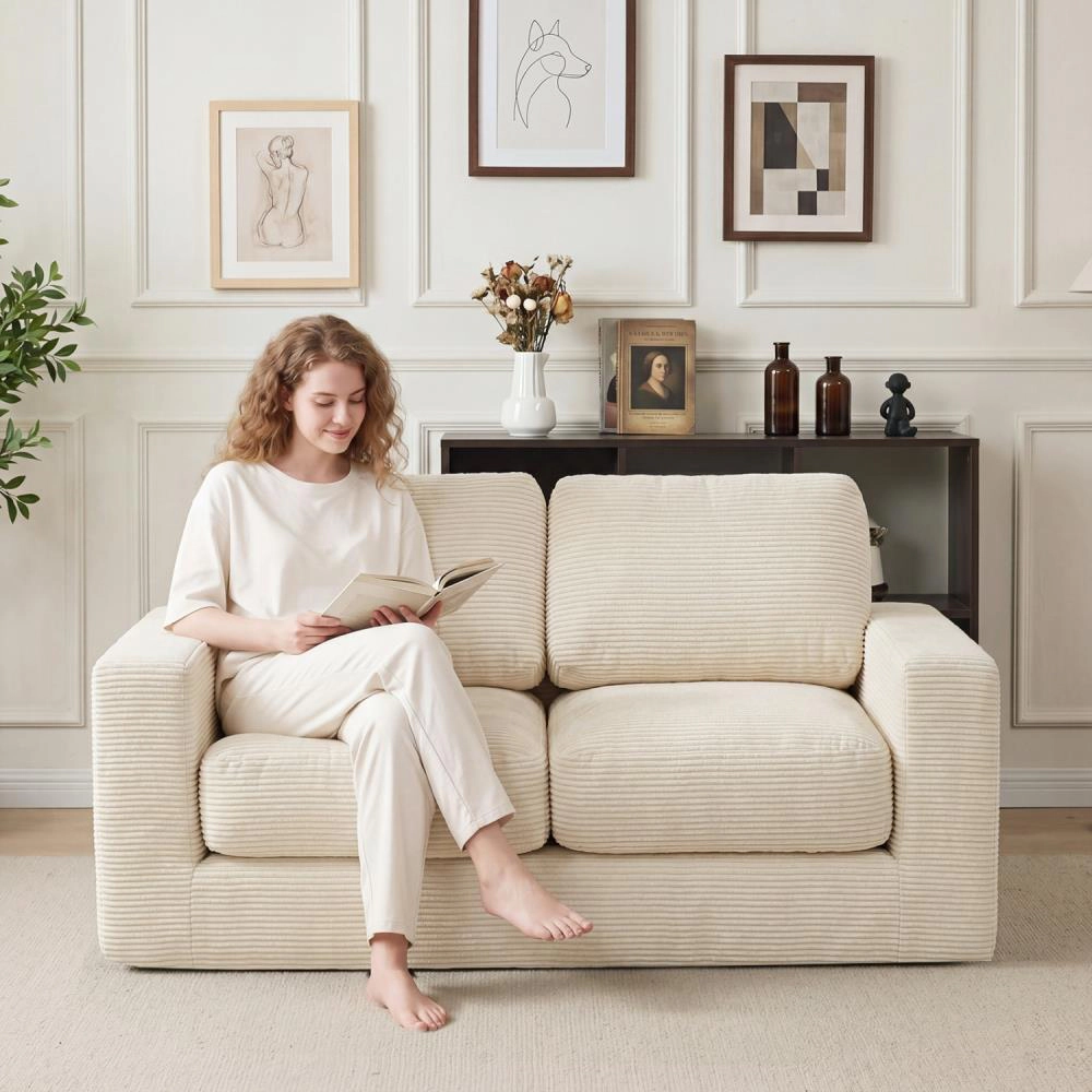Hivvago 2-Seater Floor Couch Loveseat Foam Sofa With Removable Corduroy Cover