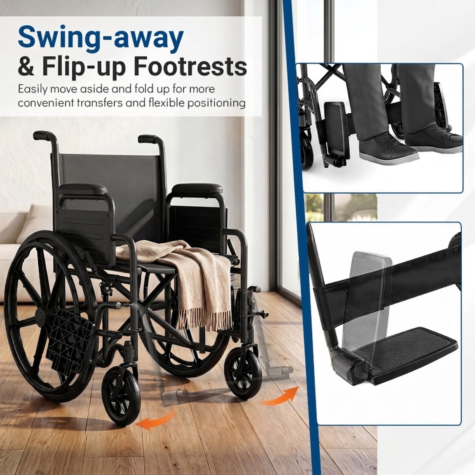 SUGIFT Black Folding Wheelchair with Swing-Away Footrests and Desk Arms 40-in W 26-in D 330-lb Seat Capacity