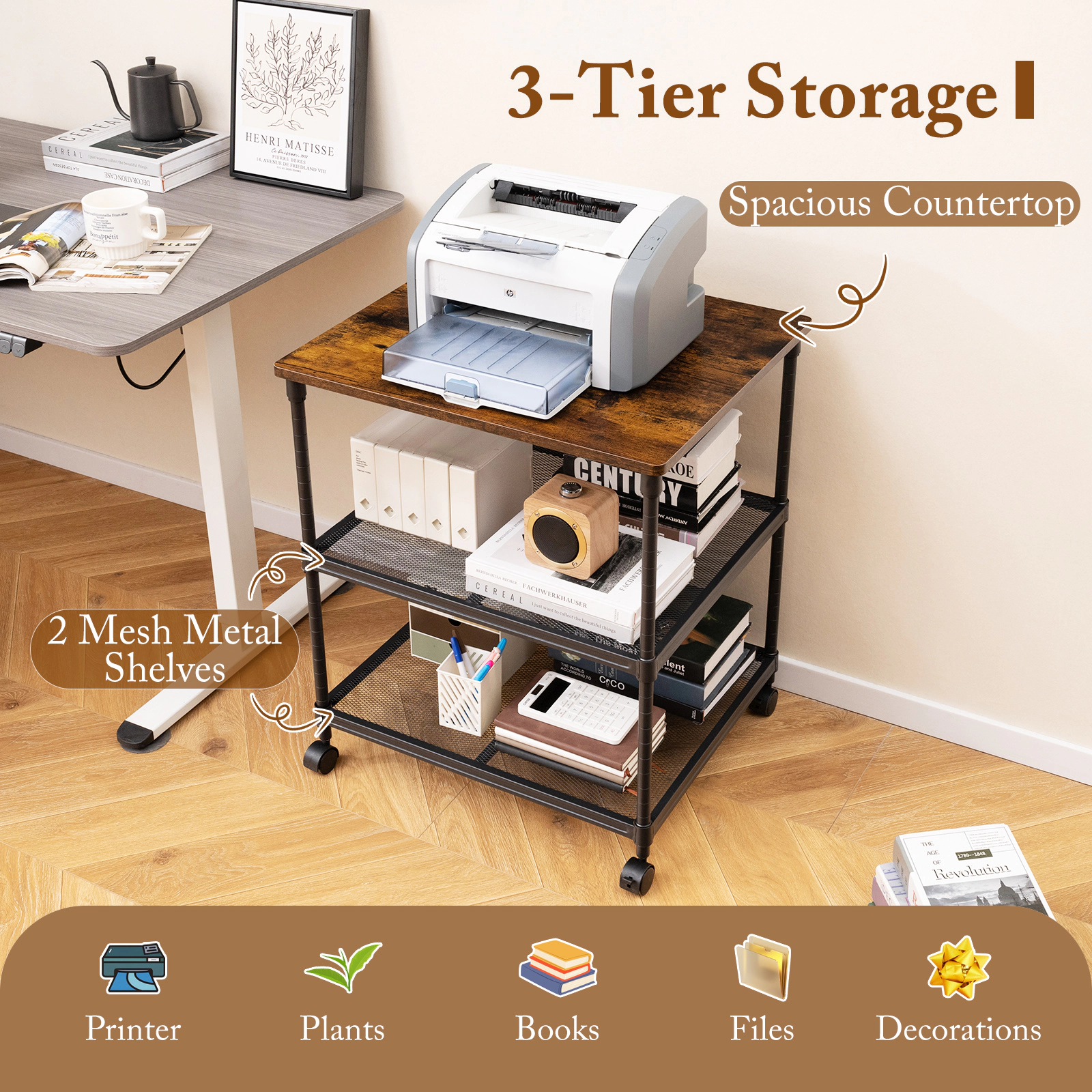 SUGIFT 3-Tier 110-lb Capacity Coffee Rolling Printer Stand Cart with Adjustable Shelf and Swivel Wheels