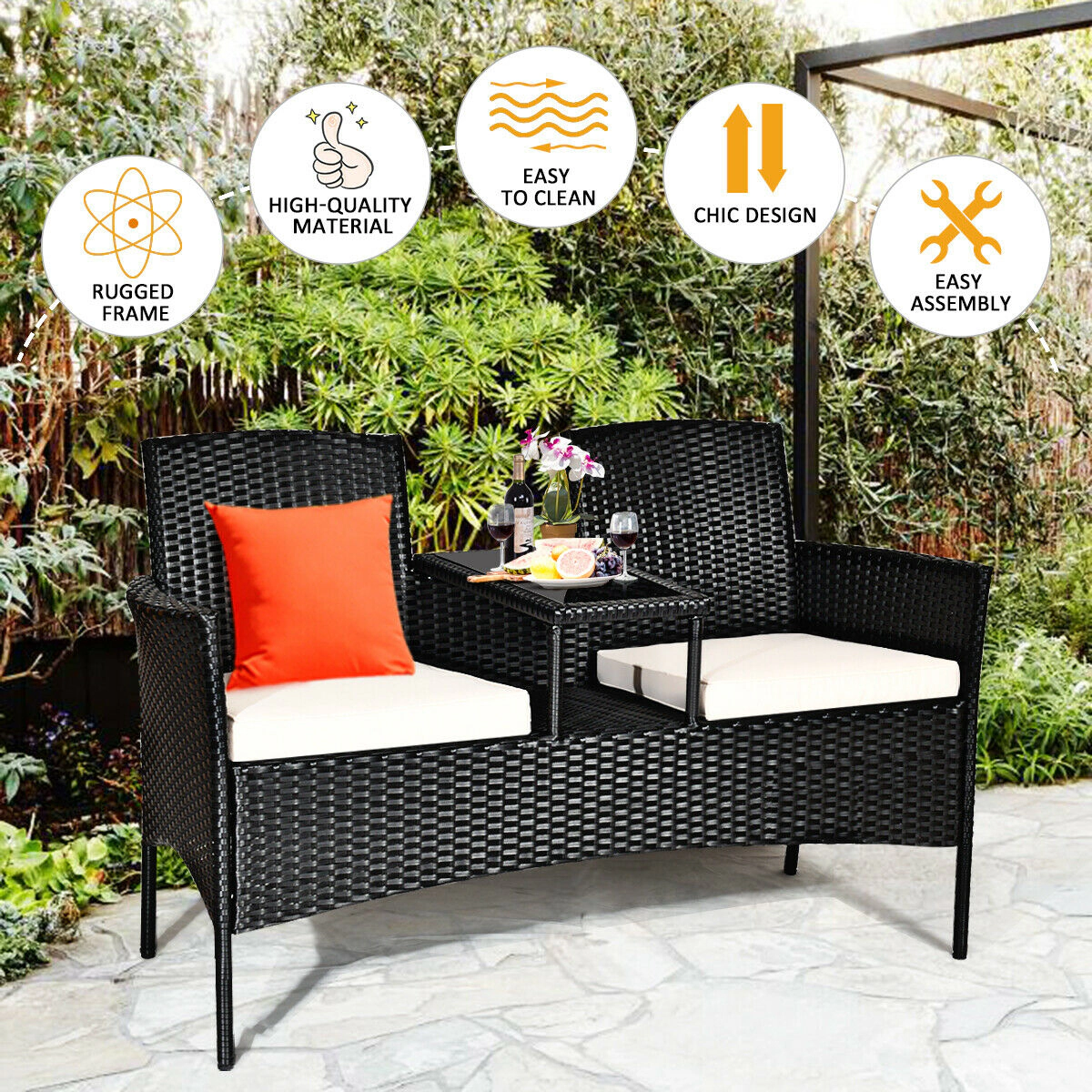 SUGIFT White Center Table and Removable Cushions Wicker Patio Loveseat Conversation Set