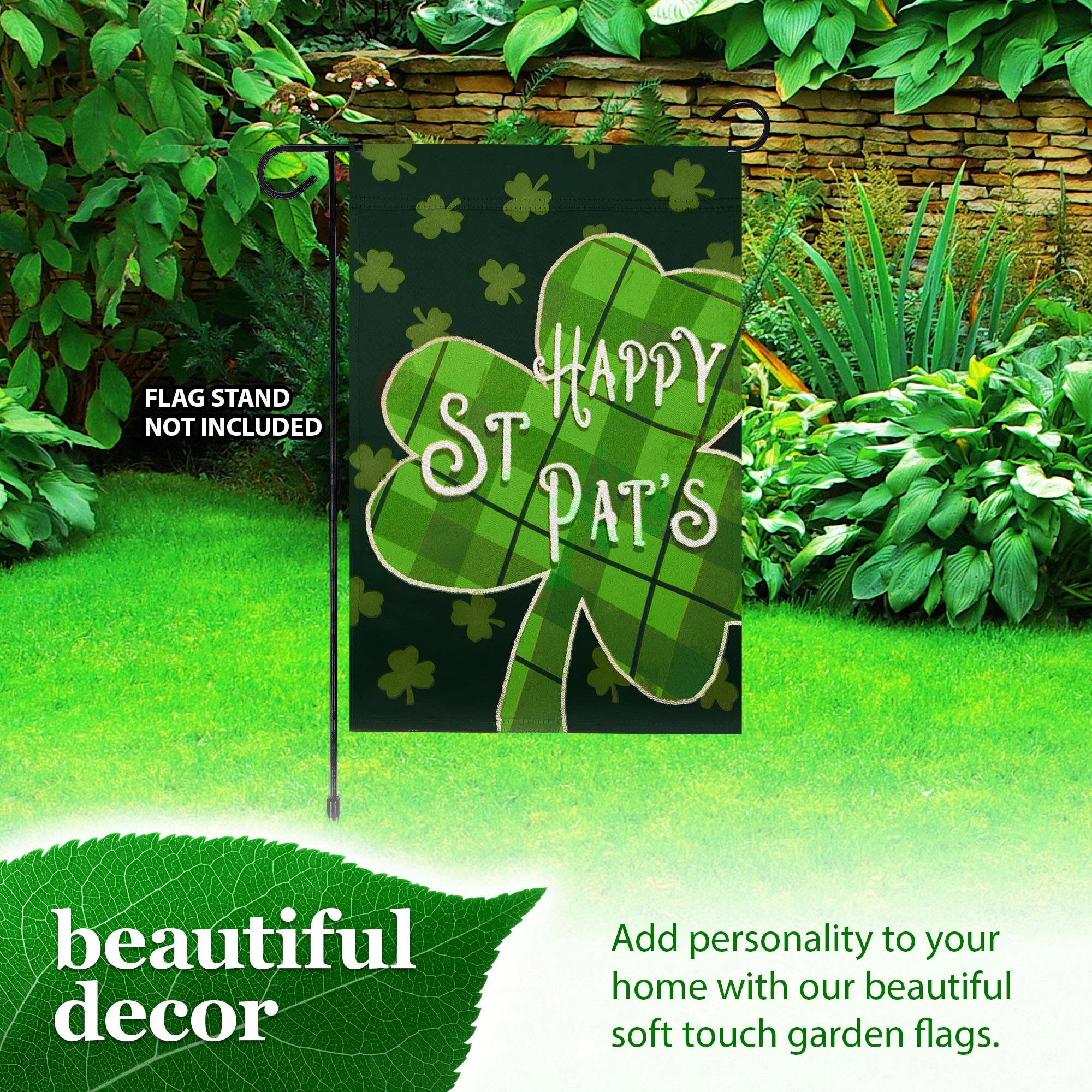 G128 12x18 in Double-Sided Plaid Shamrock Garden Flag - St. Patrick's Day Outdoor Decoration