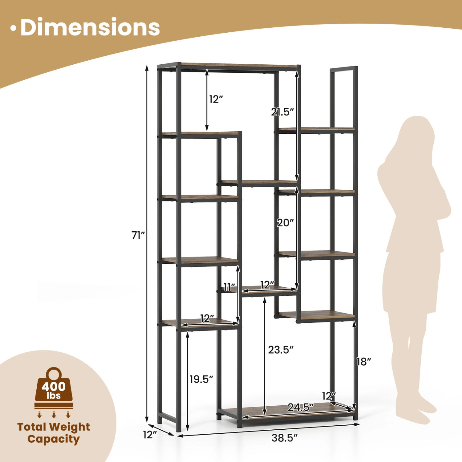 SlickBlue Modern 12-Shelf Walnut Bookcase with Open Storage