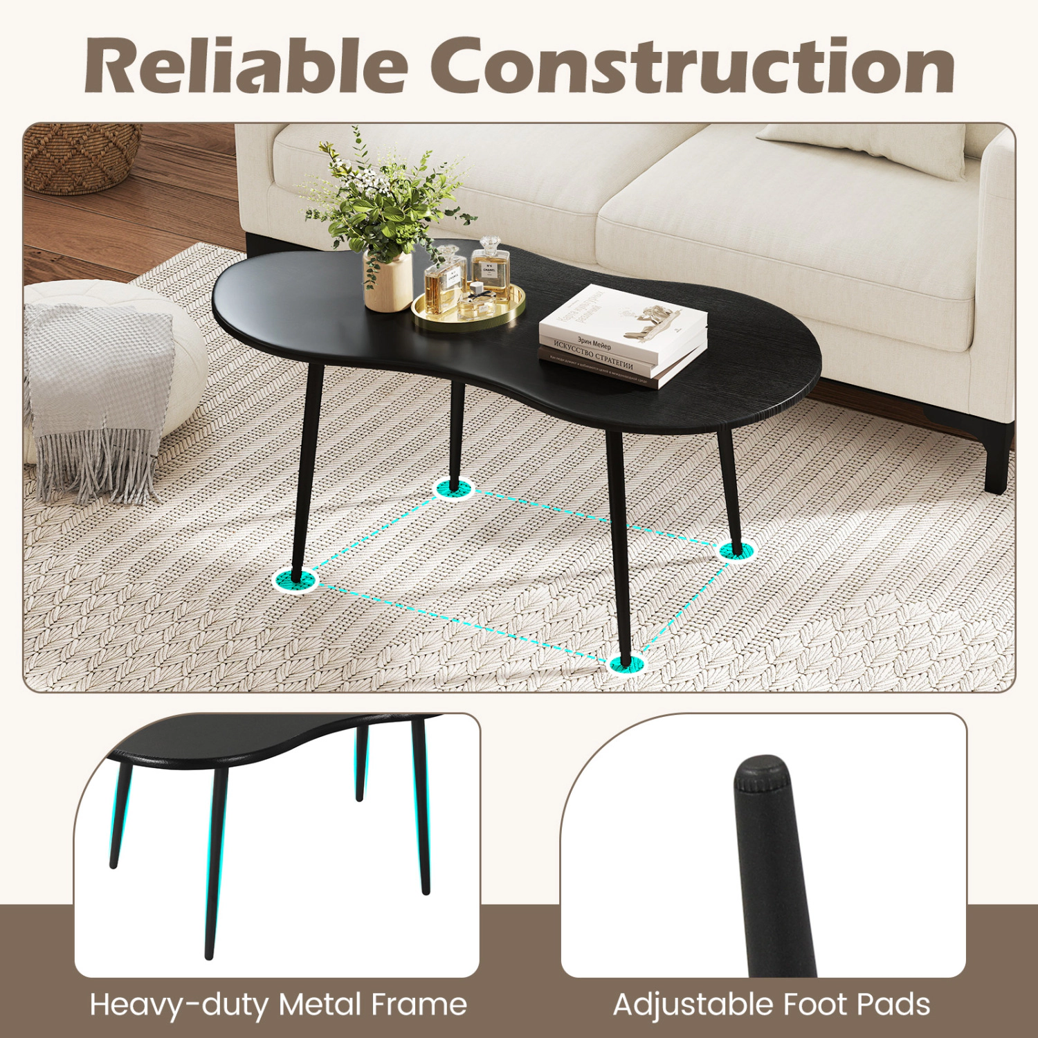 Glintex 39.5-Inch Cloud-Shaped Coffee Table with Metal Frame
