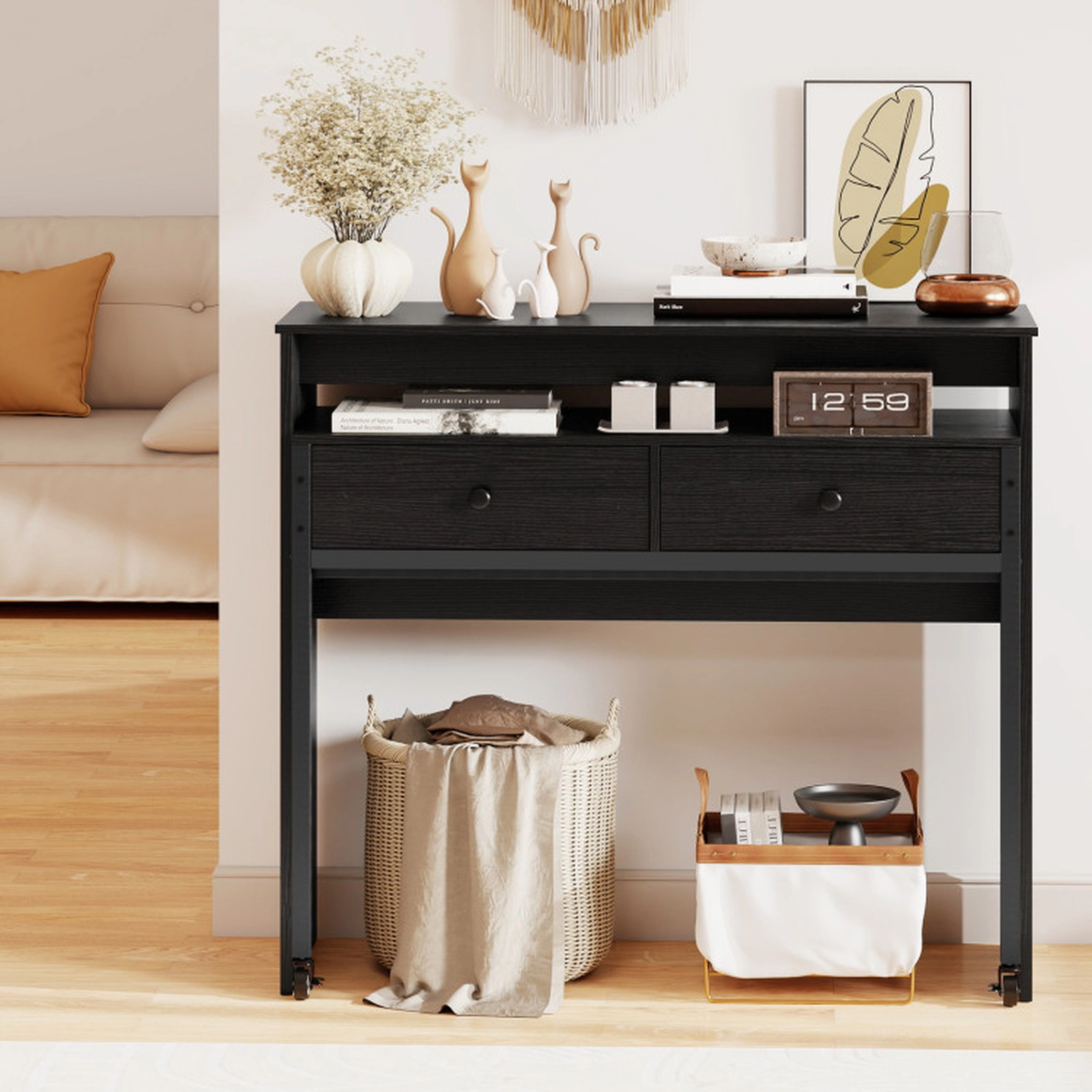 SUGIFT Black 2 Drawers Monitor Shelf and Rolling Desktop Extendable Computer Desk