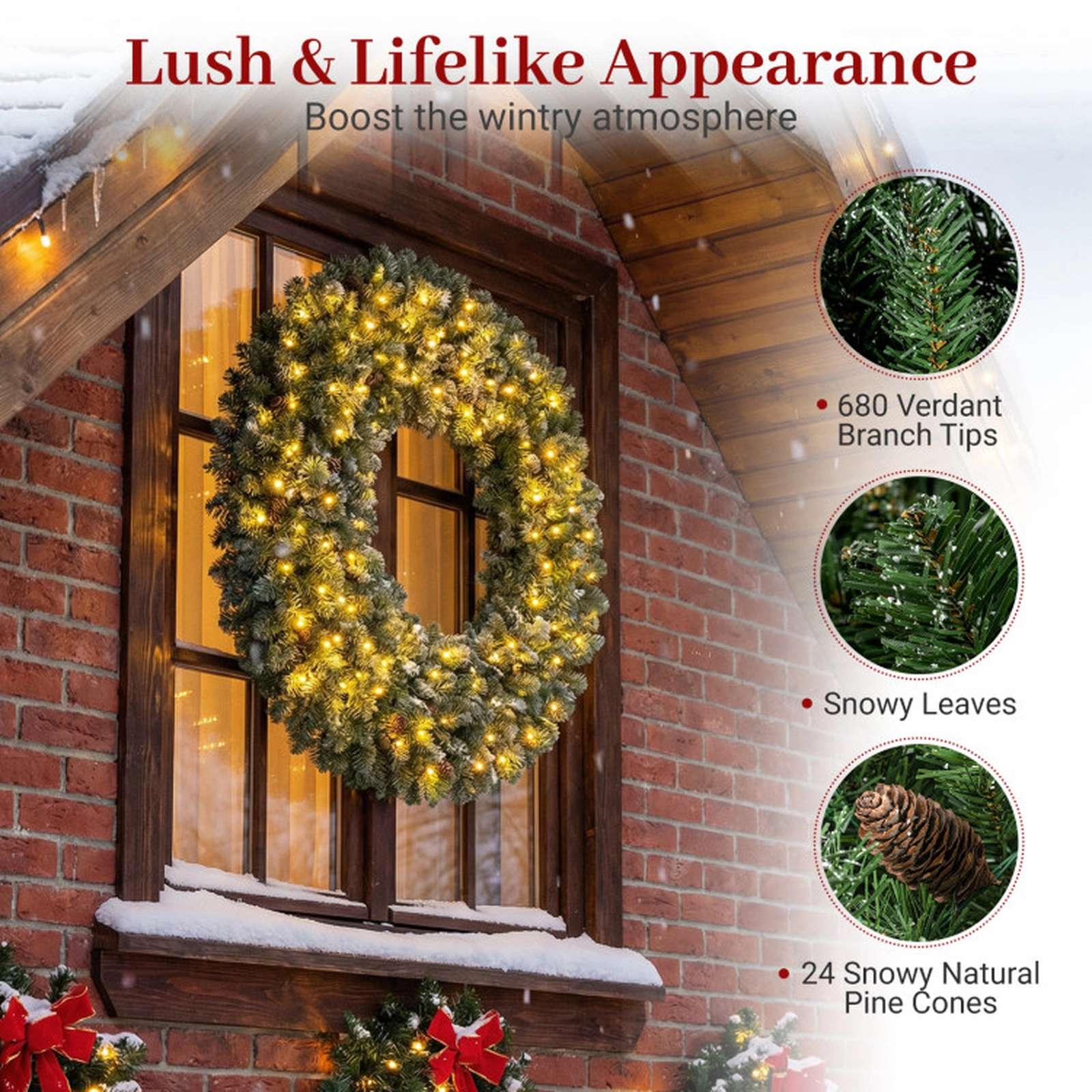 SUGIFT Green 60-in Pre-Lit Artificial Christmas Wreath with 200 Warm White LED Lights and 680 Branch Tips