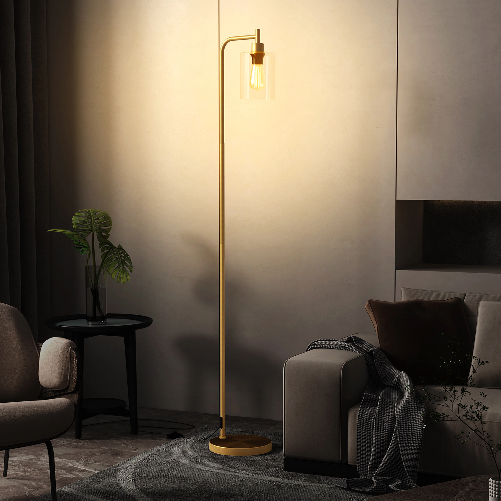 SUGIFT Modern Metal Floor Lamp with Hanging Glass Lampshade and Foot Switch 66-in Tall E26 Socket Black/Gold