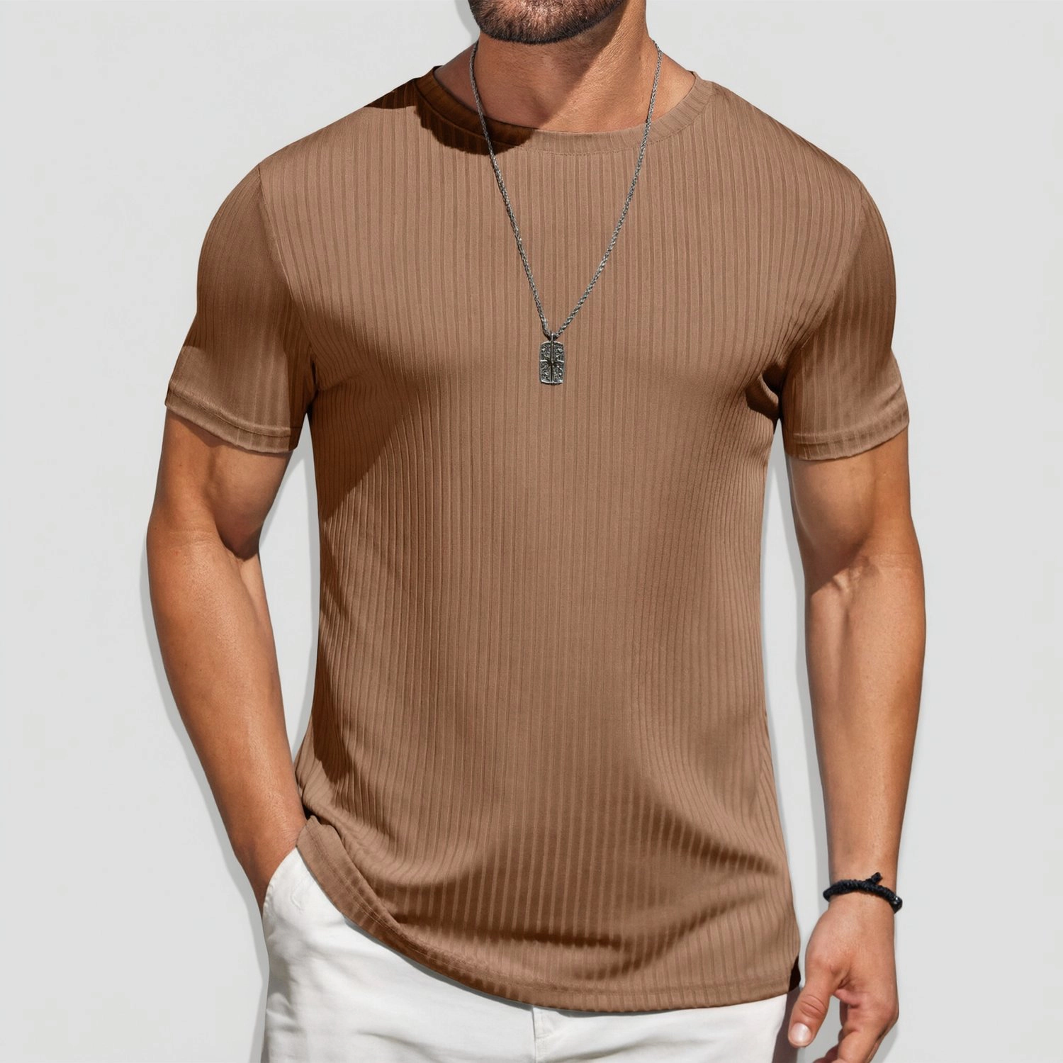 COOFANDY Mens Ribbed Short Sleeve T-Shirt Crew Neck Slim Fit Curved Hem Casual Tee