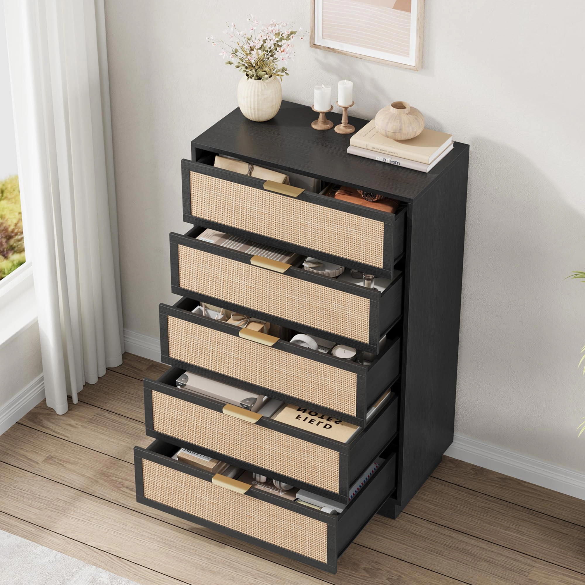 5 Drawer Rattan Dresser with Integrated Legs, Natural Wooden Storage Chest for Bedroom Entryway Closet