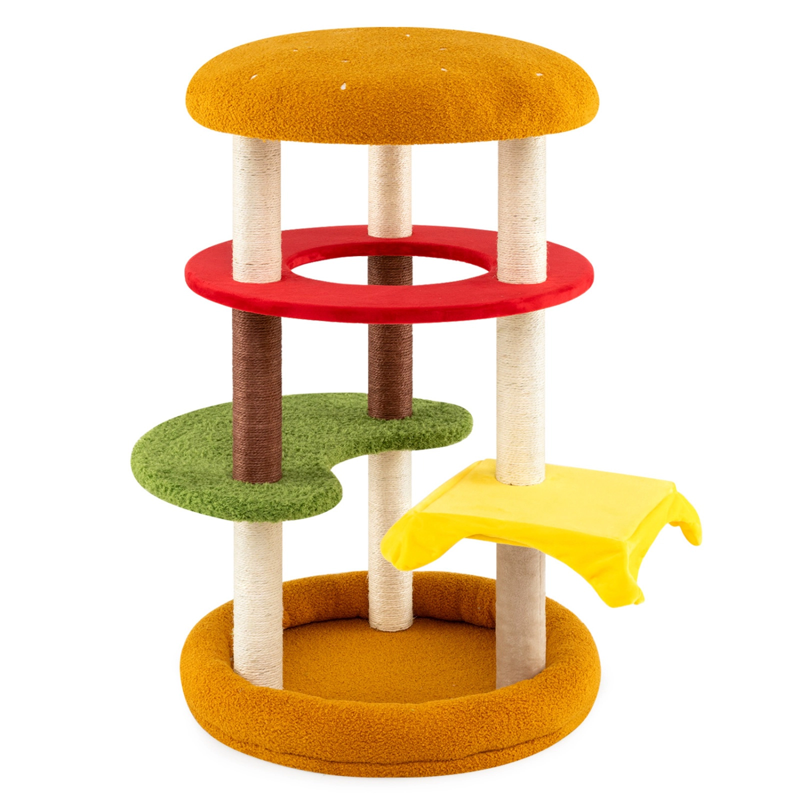 SUGIFT Yellow 42 in Hamburger Cat Tree with 24 in Padded Perch and Cat Bed