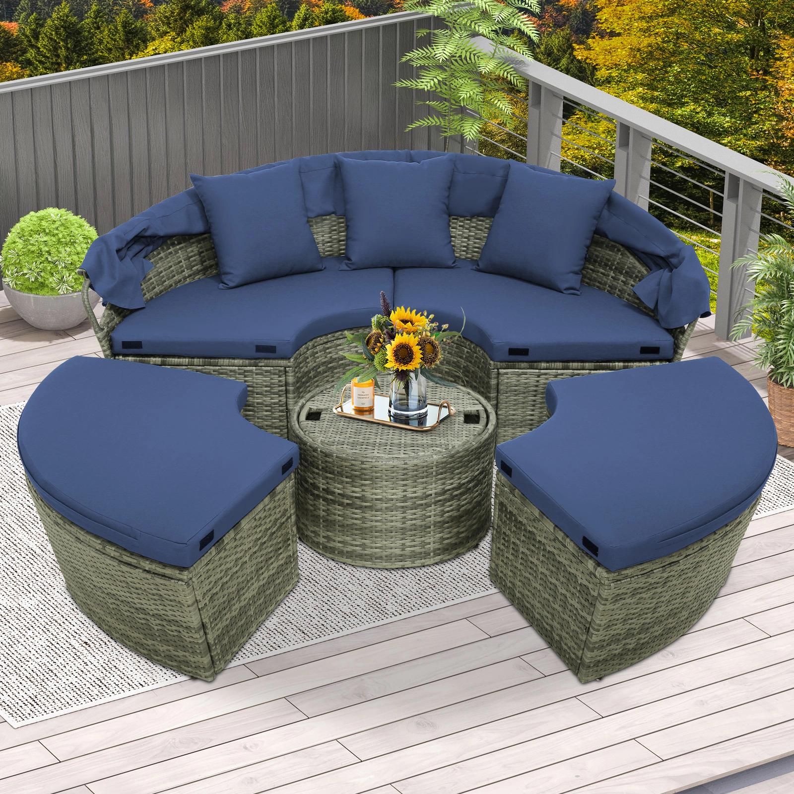 LJG Outdoor PE Wicker Round Daybed with Retractable Canopy and Cushions