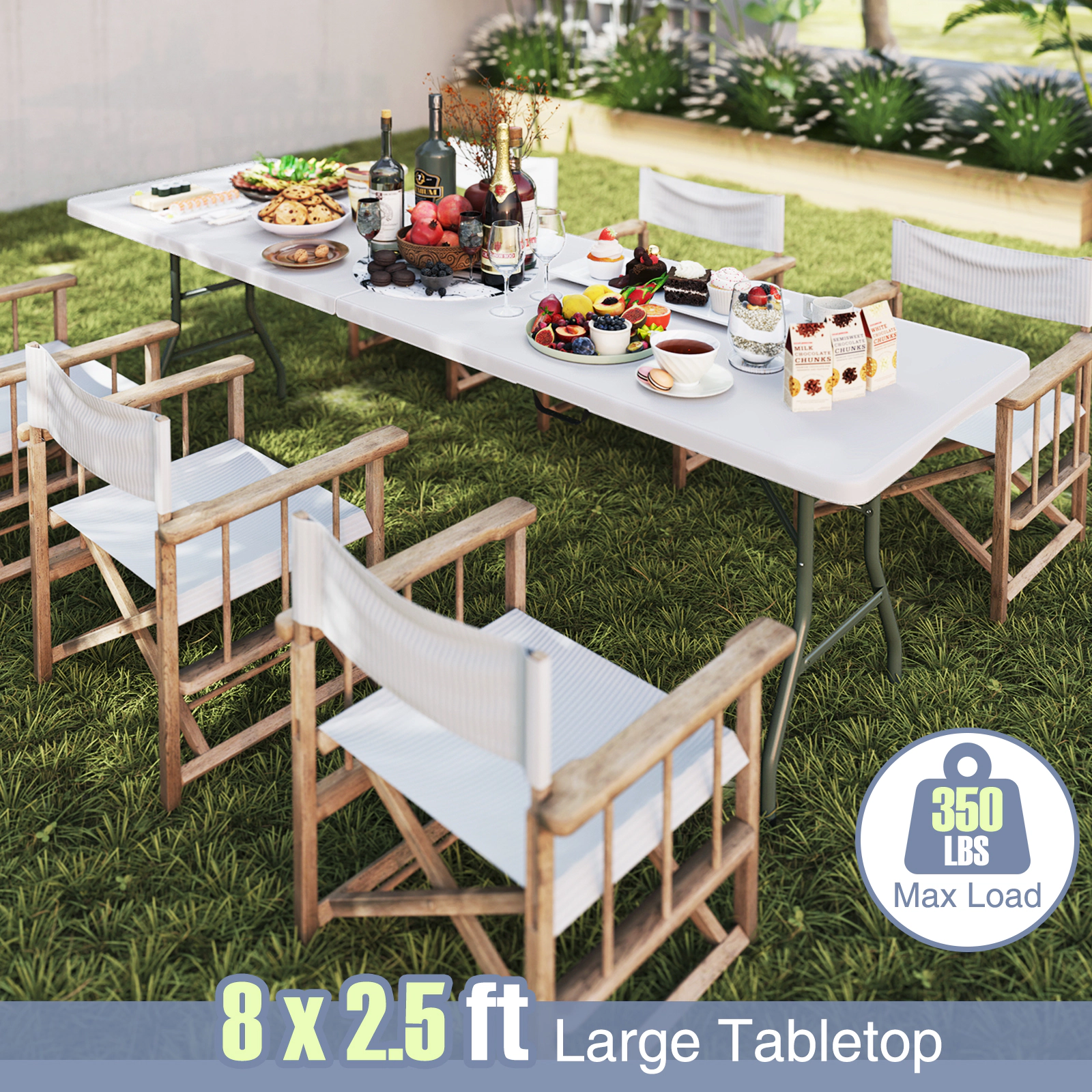SUGIFT 96.5-in Folding Picnic Table with HDPE Tabletop 350-lb Capacity Fold-in-Half Design 36.5-lb Net Weight White
