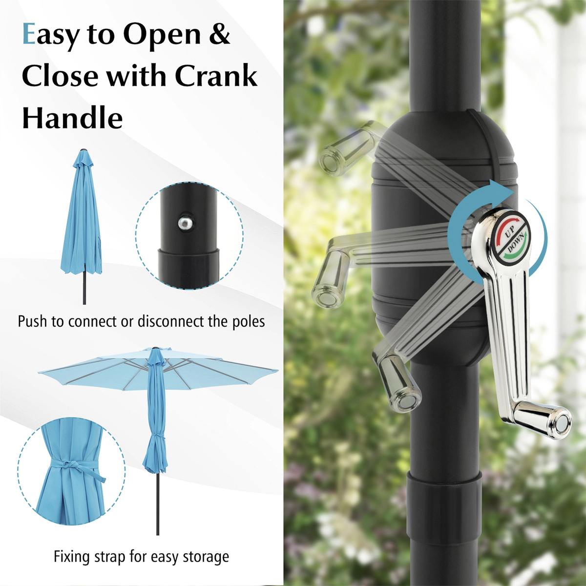 SUGIFT 10-ft Blue Market Table Patio Umbrella with Push Button Tilt Crank Lift and 8 Steel Ribs for Garden