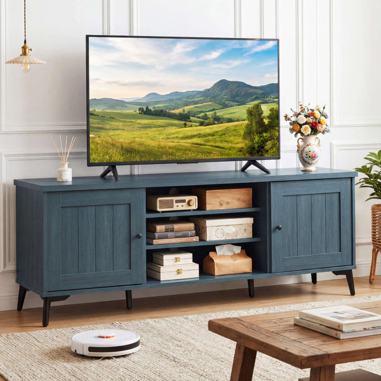 SUGIFT 2-Door Mid Century TV Stand for TVs up to 65 Inch with Adjustable Storage 176-lb Tabletop Turquoise/Brown