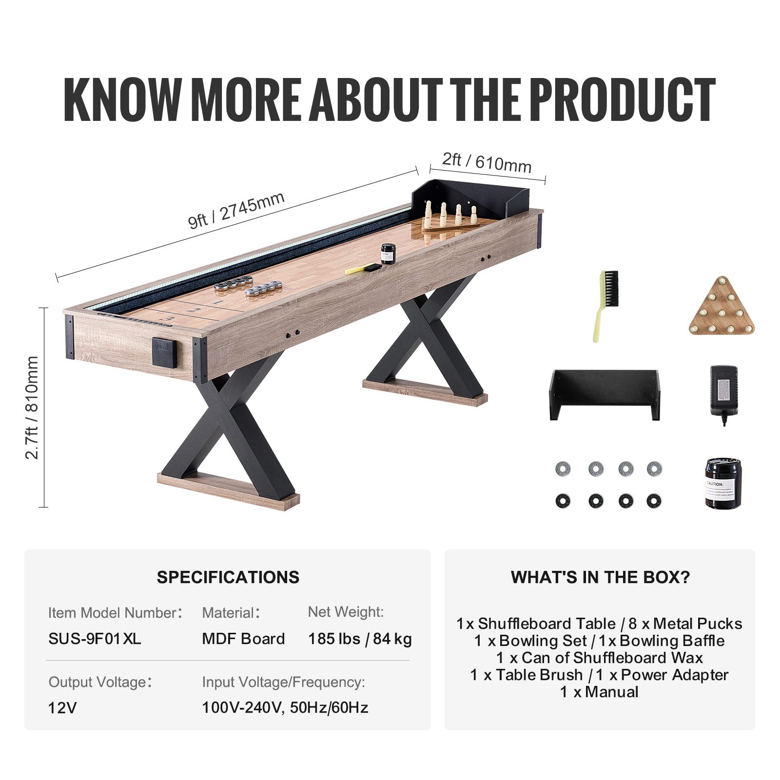 HONGGE Shuffleboard Table Shuffleboard for Family Game Rooms 2 in 1 Shuffleboard and Bowling Combo Game Set with