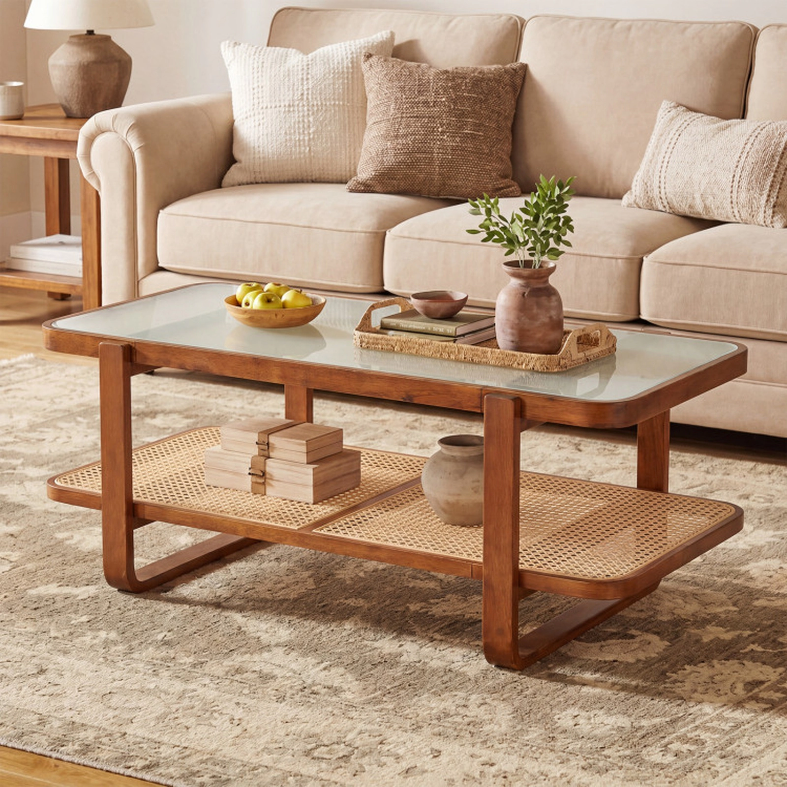SUGIFT 2-Tier Rattan Coffee Table with Tempered Glass Top and Storage Shelf 41.5 x 20 x 18 in 220-lb Capacity Walnut