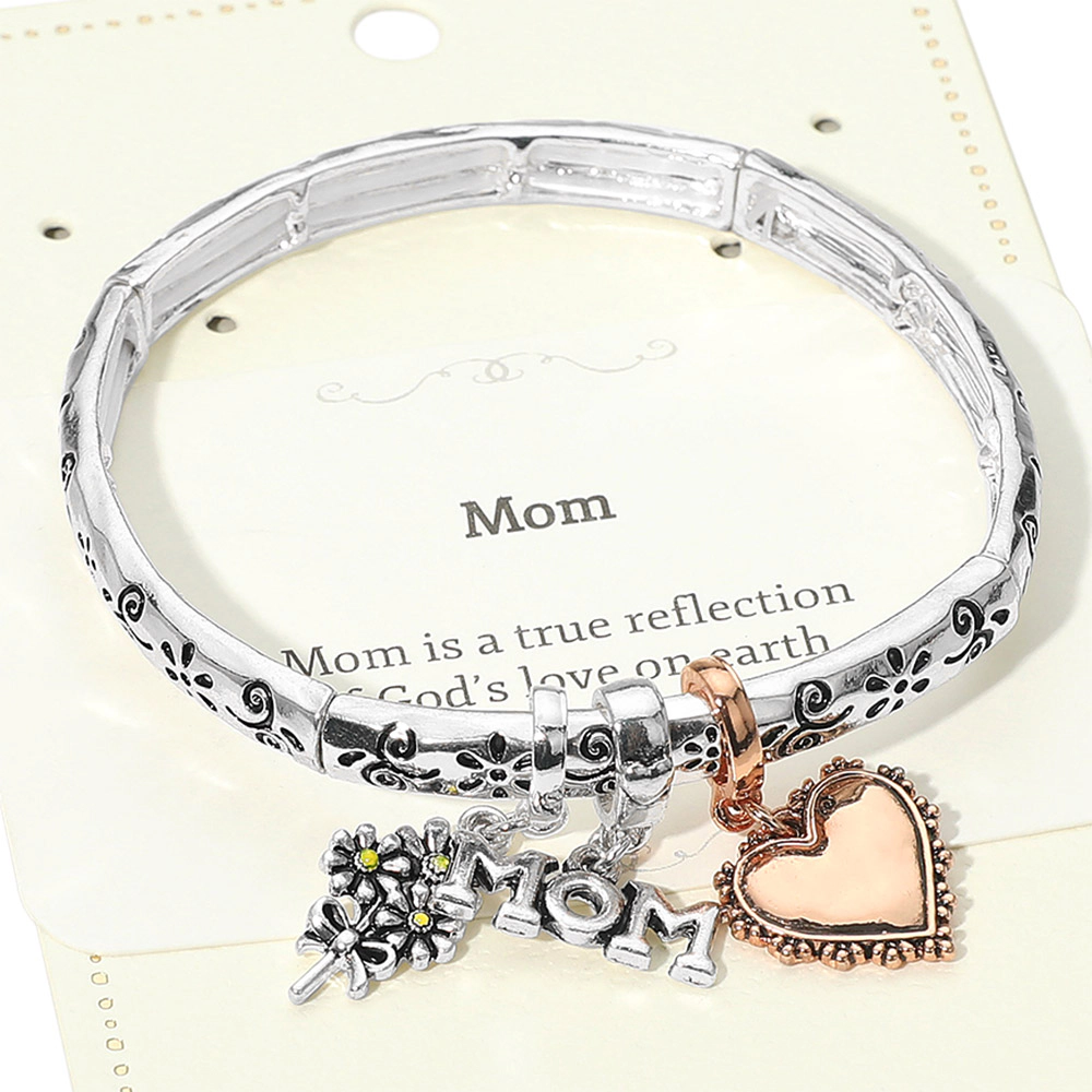 Fashnzfab Mom Message Heart Flower Charm Stretch Bracelet