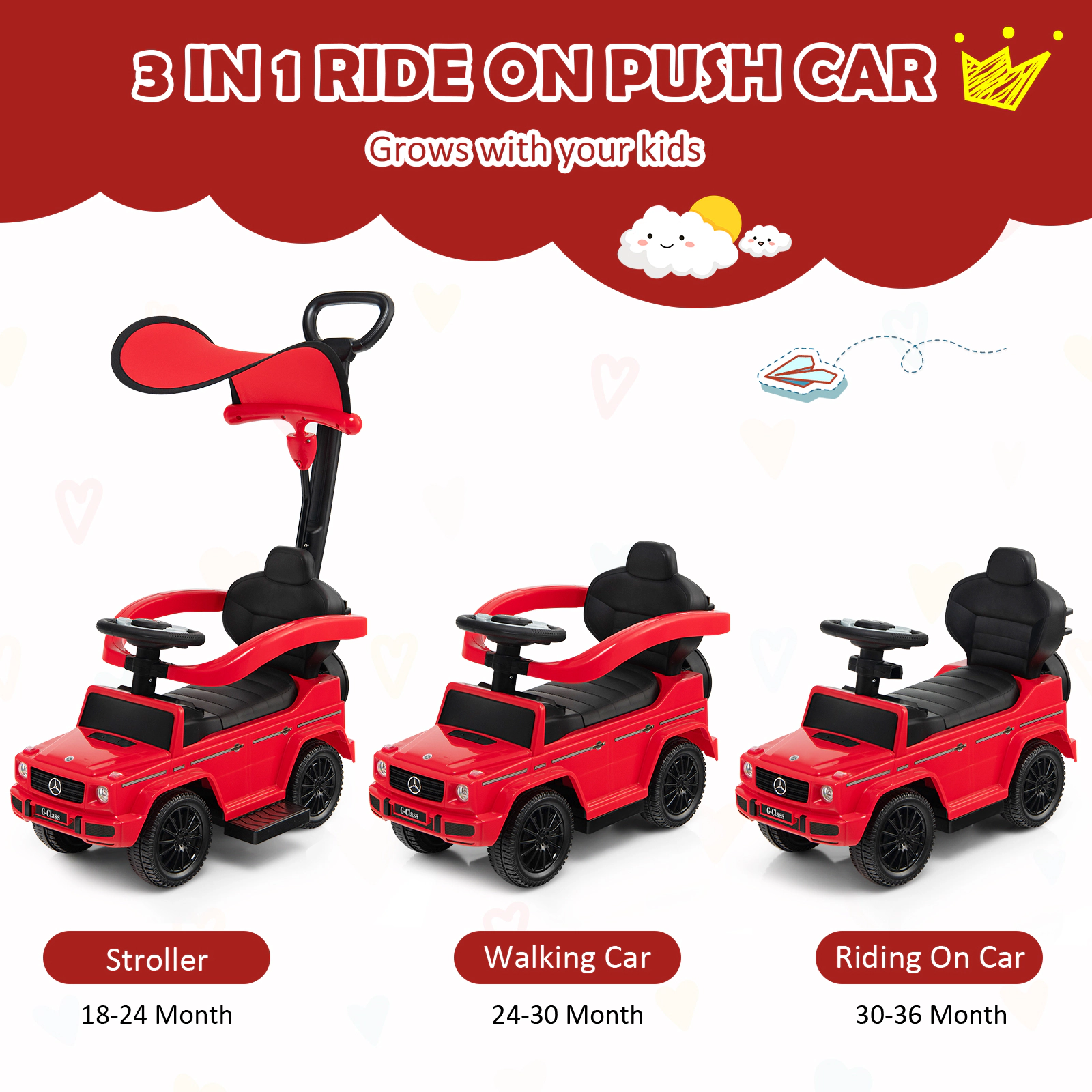 SUGIFT Toddler Red 3-in-1 Ride On Push Car with Sun Canopy and Guardrails 34.3-in W 37.4-in H 55-lb Seat Capacity