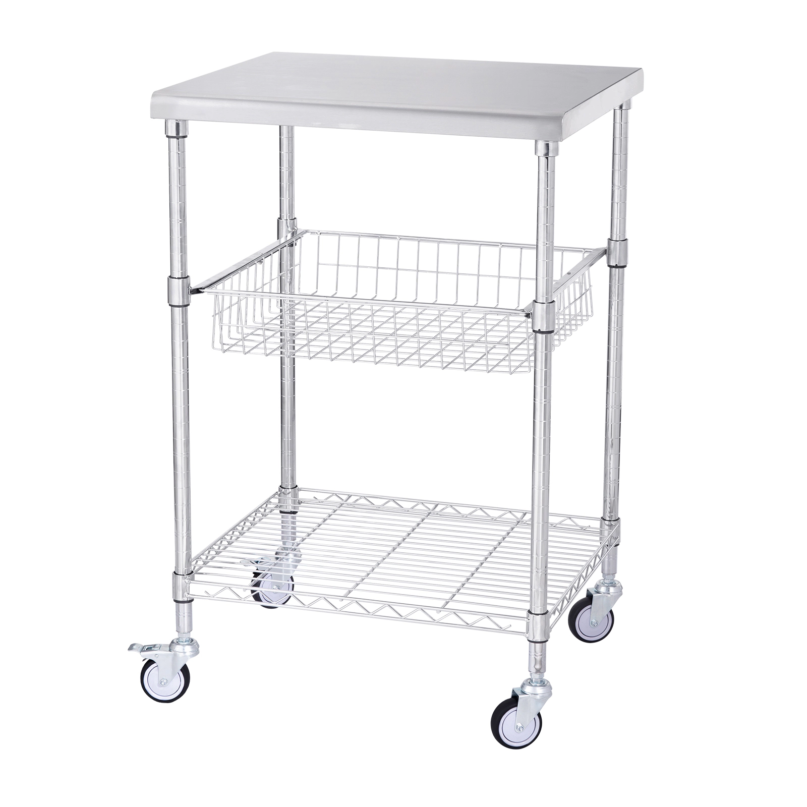 HONGGE 3-Tier Stainless Steel Kitchen Utility Cart, 470 lbs Capacity, Adjustable Wire Trolley with Basket