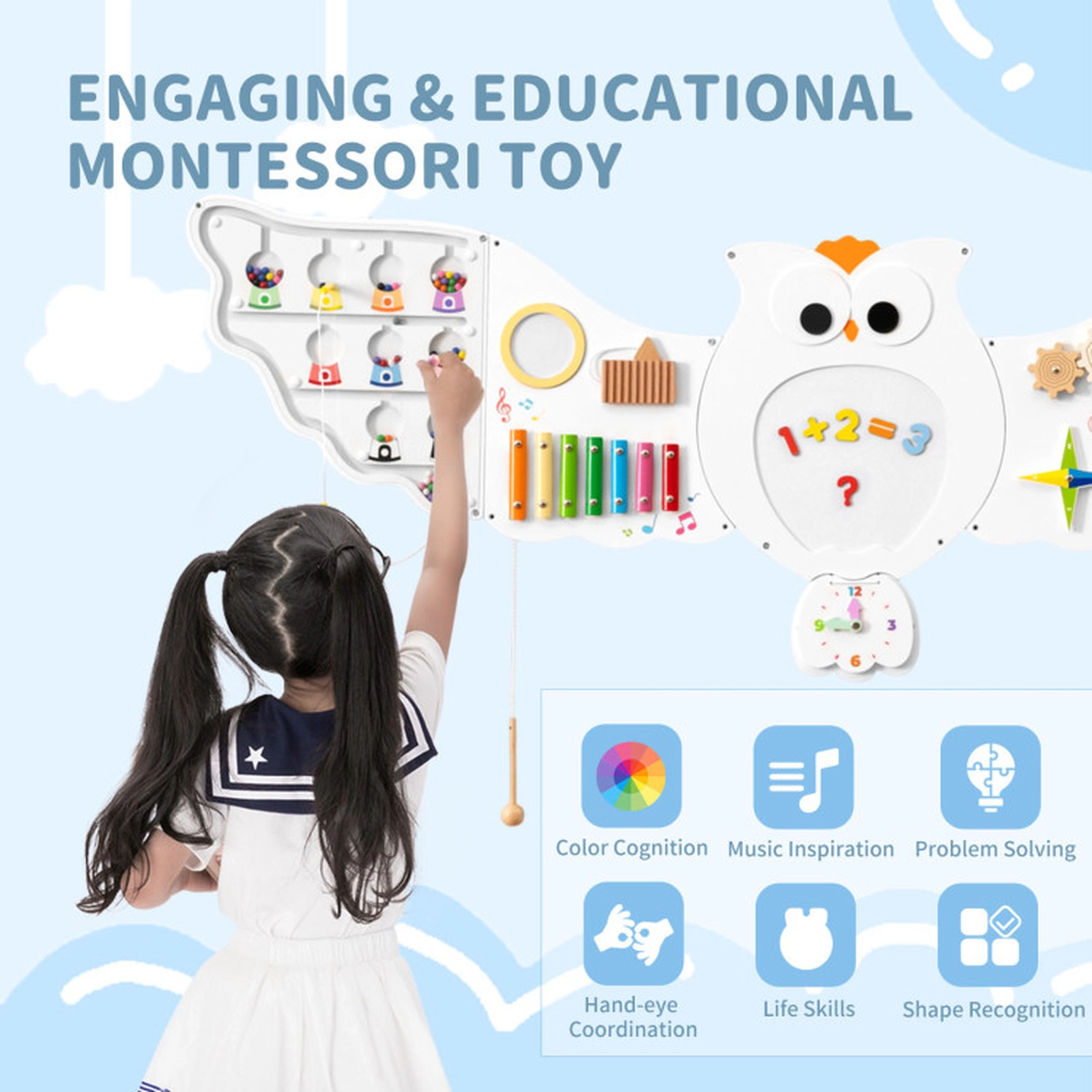 SUGIFT 11-in-1 56-in Owl Montessori Busy Board Wall Panel Set with Magnetic Math Board and 6 Panels
