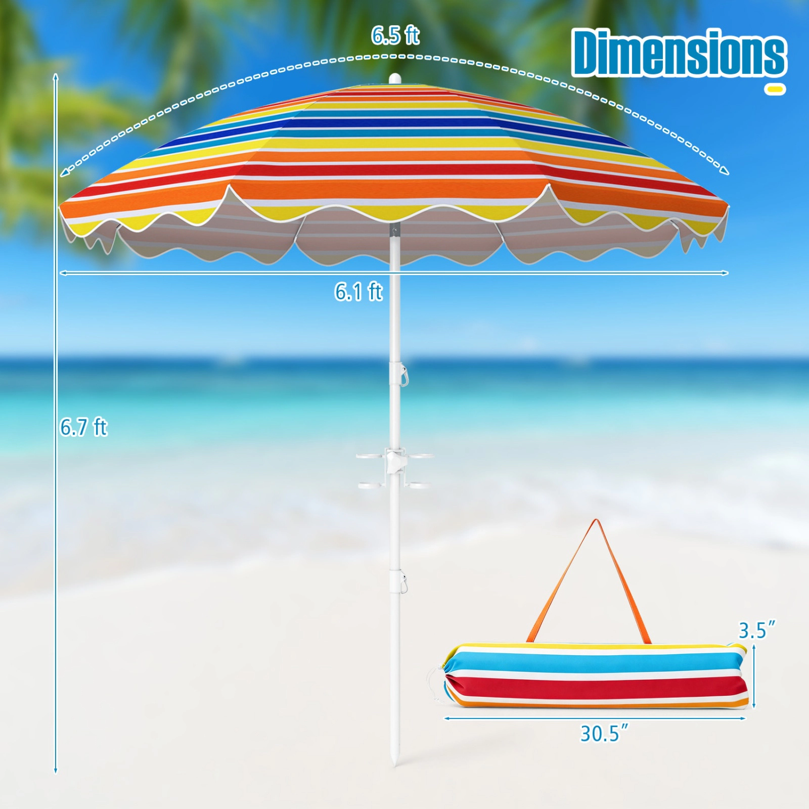 SUGIFT 6.5-ft Rainbow UPF 50+ Beach Umbrella with Sand Anchor Tilt Pole 2 Cup Holders and Carry Bag