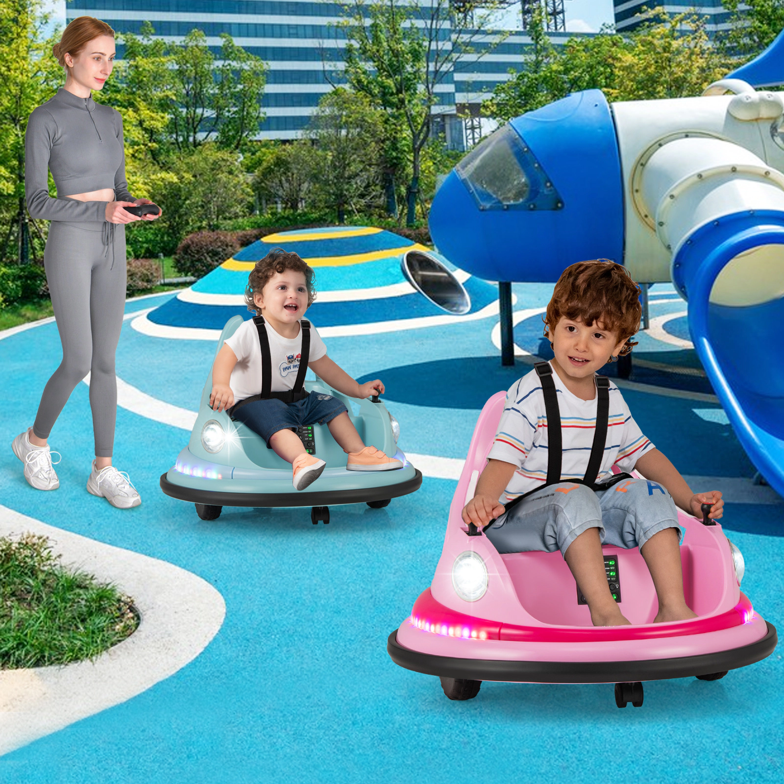 LJG 12V Kids Ride on Bumper Car with Remote Control and Dual Joysticks