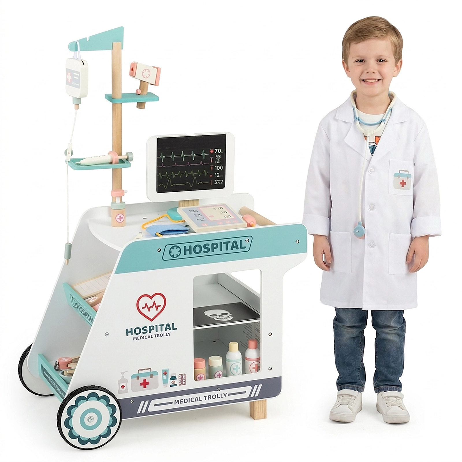 SUGIFT Wooden Doctor Playset Medical Cart for Kids 23-in Wide 34-in Tall 17.5-in Tabletop Ages 3+ Green/Pink 1-Piece