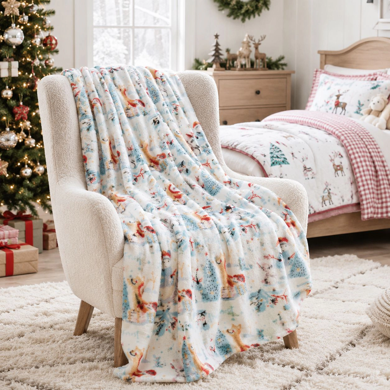 Kate Aurora Ultra Soft & Cozy Christmas Forest Friends Santa Plush Throw Blanket Cover