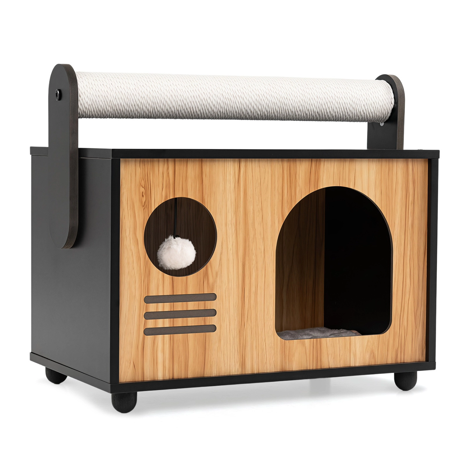 SUGIFT Black Wooden Cat House with Rope Scratching Post and Washable Cushion 19-in W 12-in D 17.5-in H