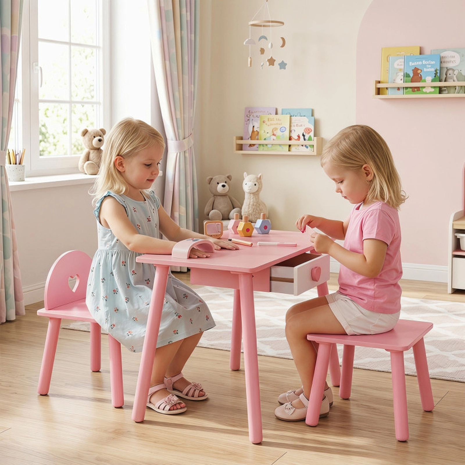 SUGIFT Pink Wooden Table Chair and Stool Kids Pretend Nail Salon Playset