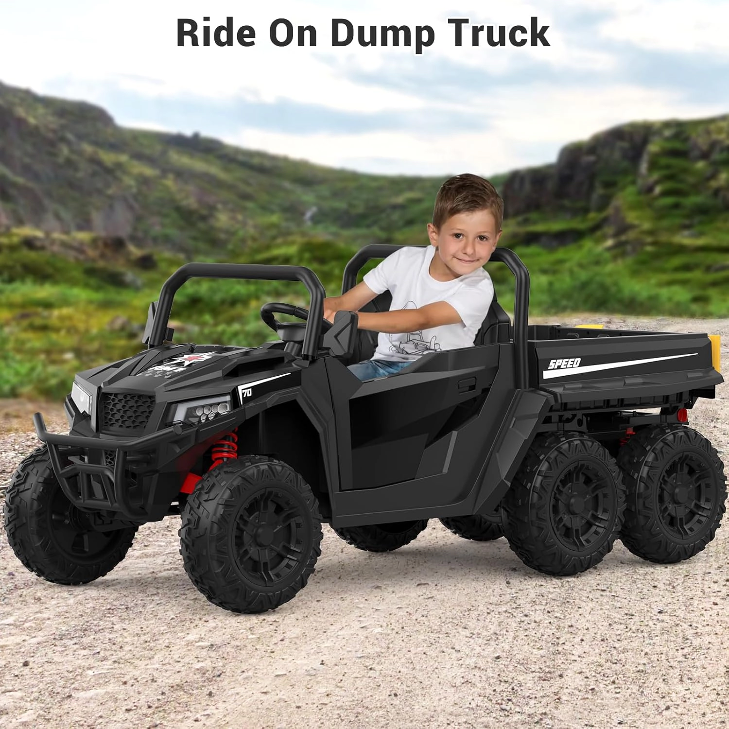 24V 4WD 6-Wheel Kids Electric Dump Truck, 2-Seater, 4×200W Motors, Remote Control, LED Lights, Music, Bed