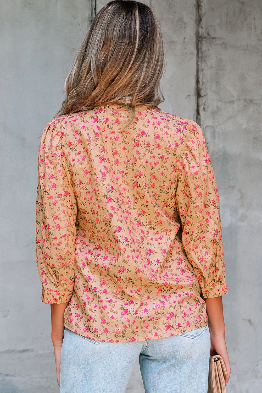 Threaded Pear Women's Sadie Floral Bow Pin-tuck Bust Half Puff Sleeve Blouse