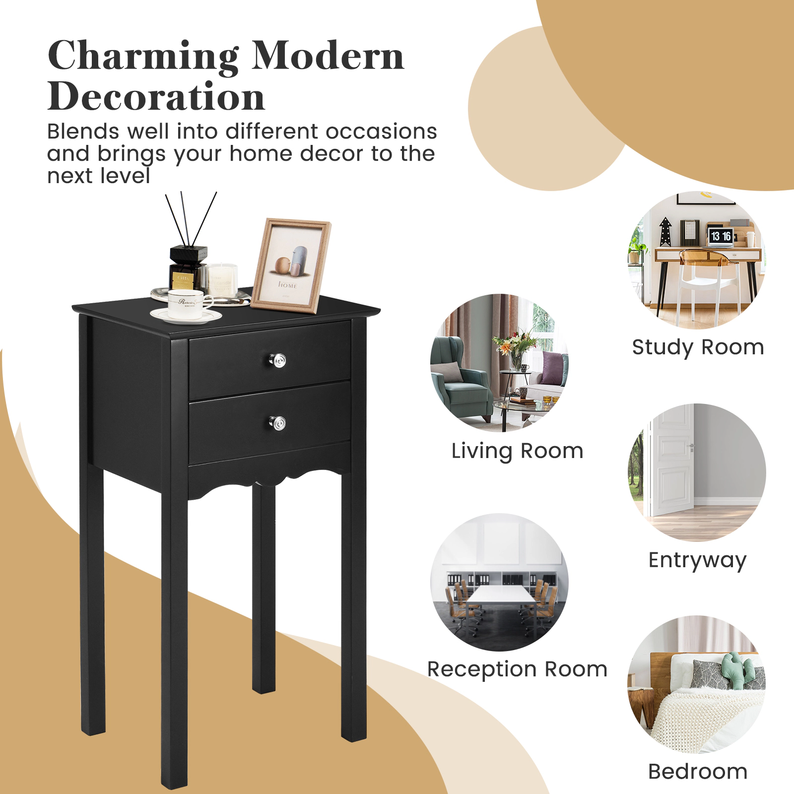 SUGIFT Black Side End Table with 2 Drawers and Tall Tapered Legs for Bedroom