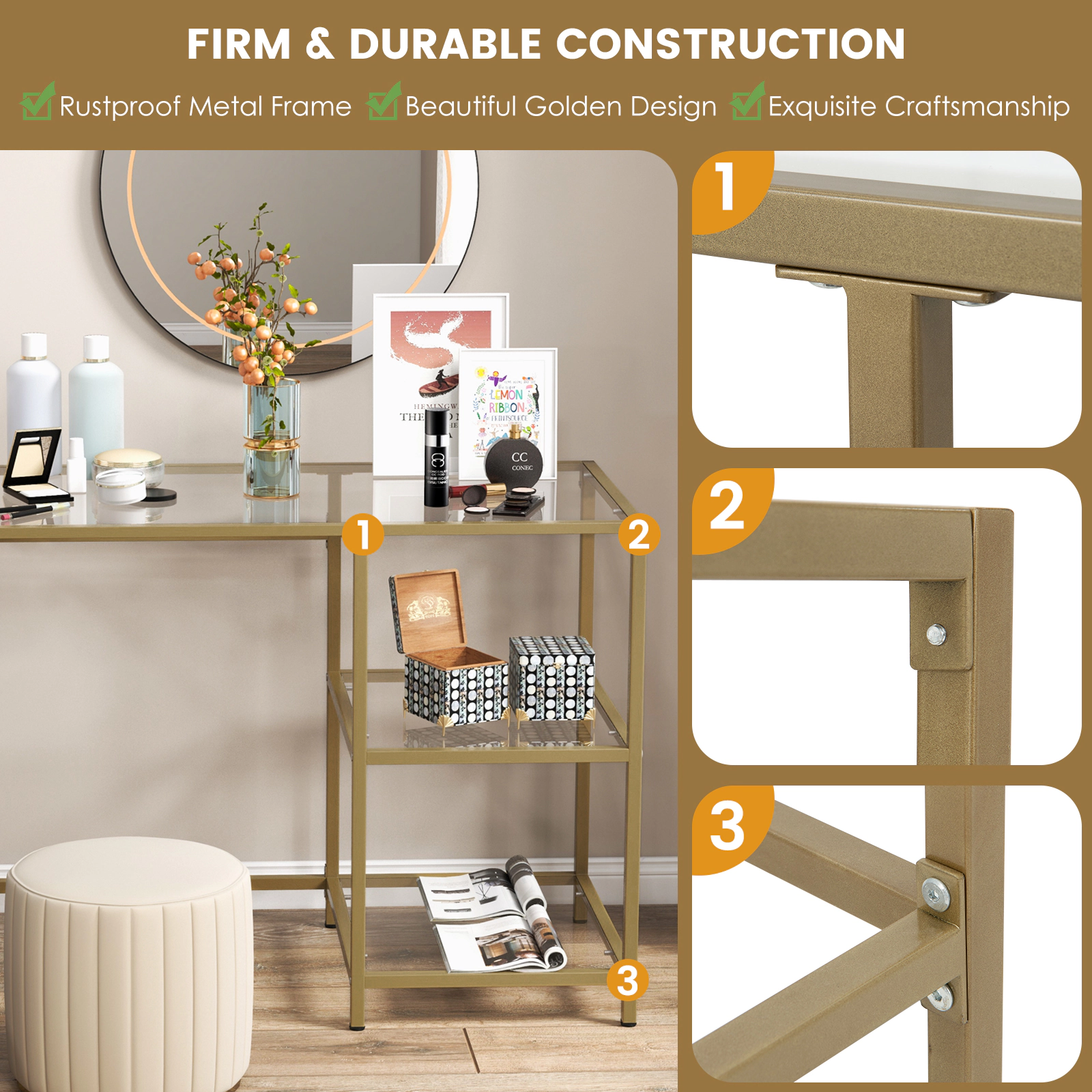 SUGIFT Tempered Glass Metal Frame 2 Open Shelves Adjustable Feet Console Table In Golden