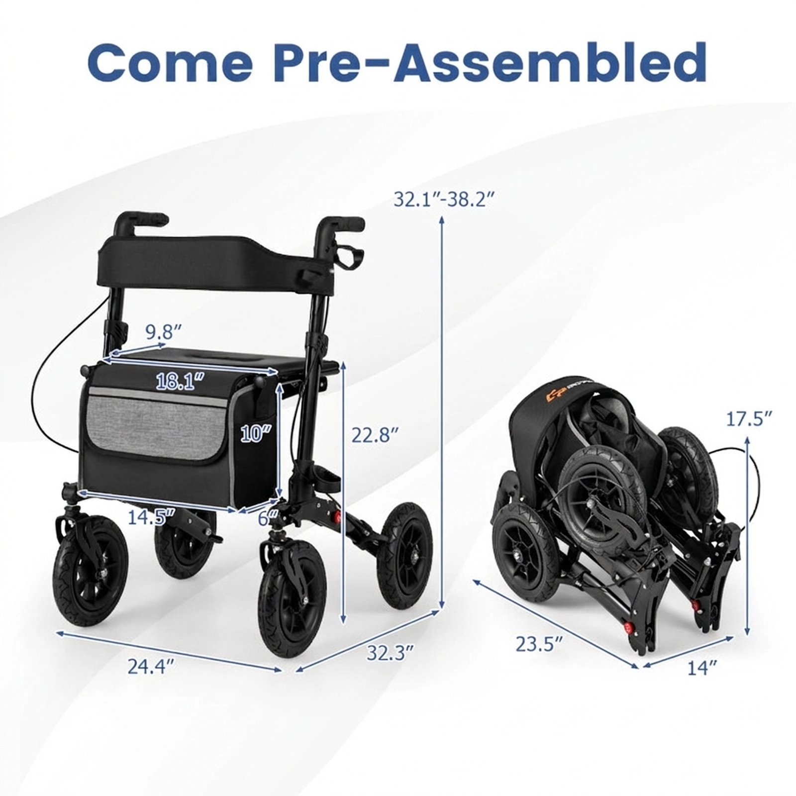 SUGIFT All-Terrain Folding Rollator Walker with Seat, Pneumatic Tires, 7 Handle Heights, 308-lb Capacity