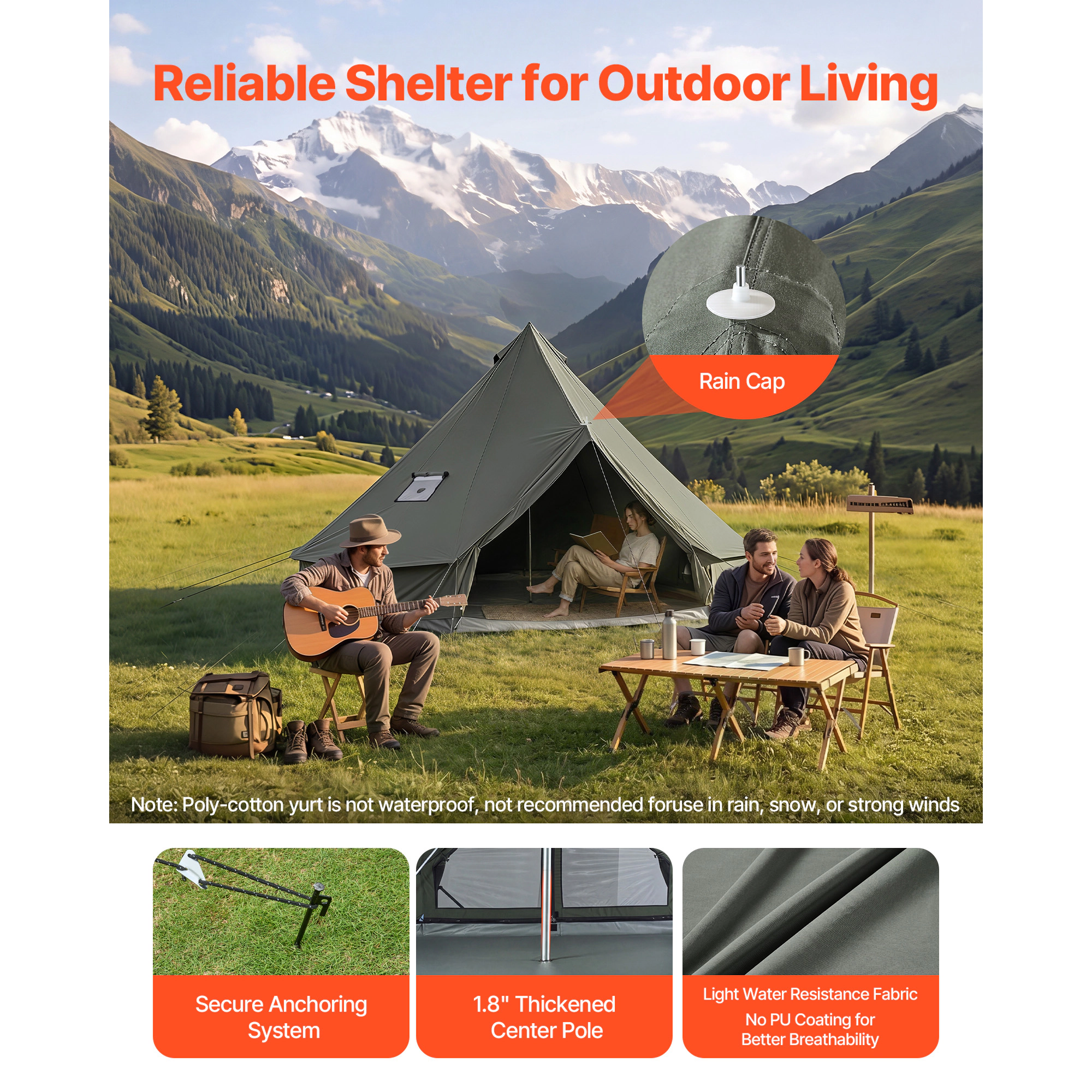 HONGGE Canvas Bell Tent 4 Seasons Yurt Tent for Camping with Stove Jack Canvas Breathable Holds with Zipped Detachable