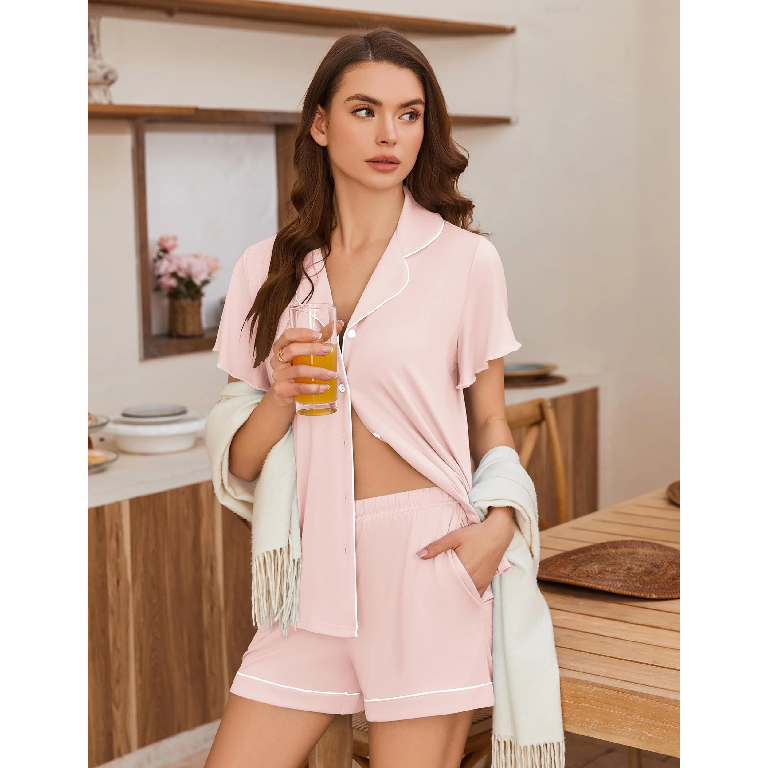 Ekouaer Pajamas for Women Set Button Up Pjs Ruffle Sleeve Sleepwear Notch Collar Bride Soft Pj