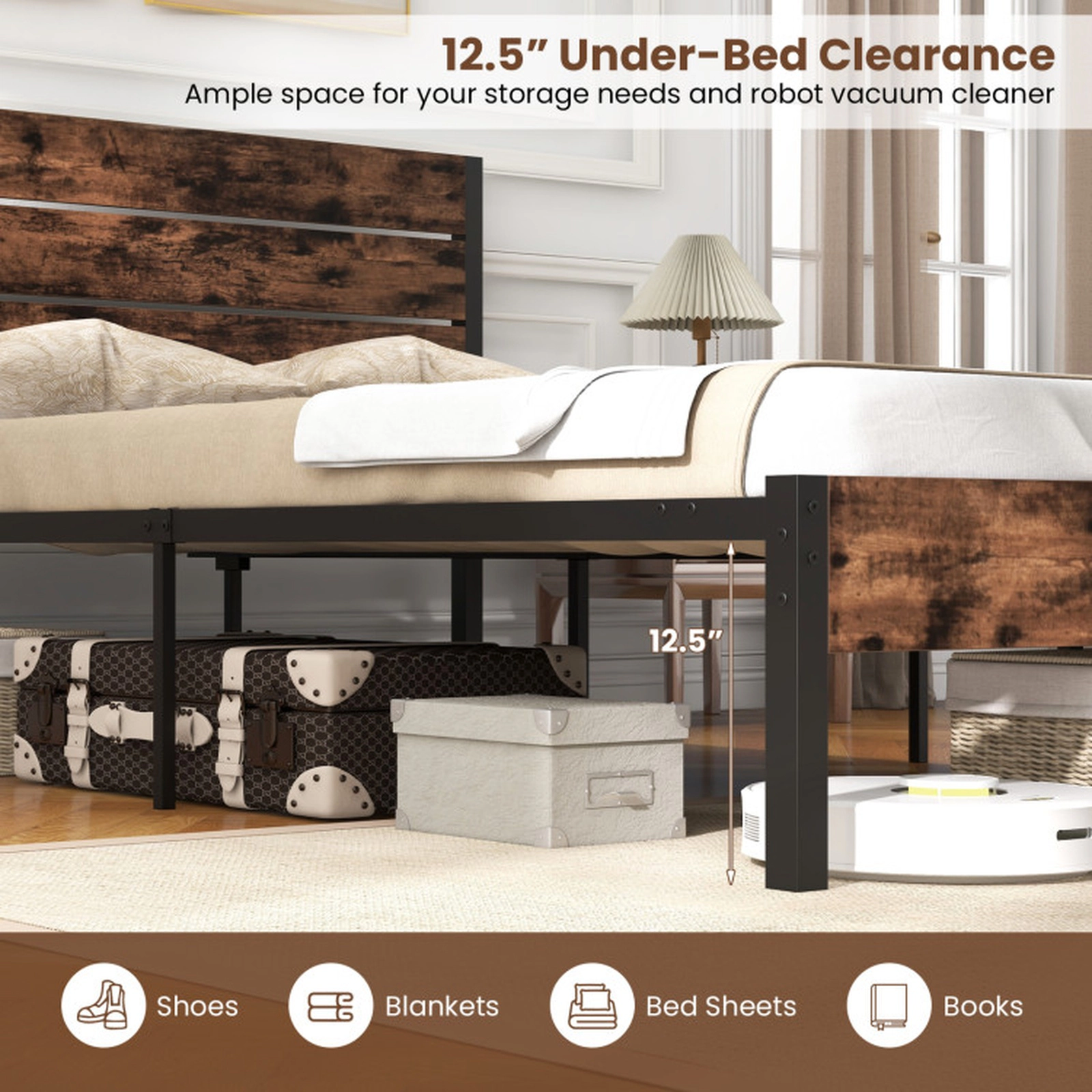 SUGIFT High Slat Headboard Mute Bar and 12 Metal Slats Bed Frame