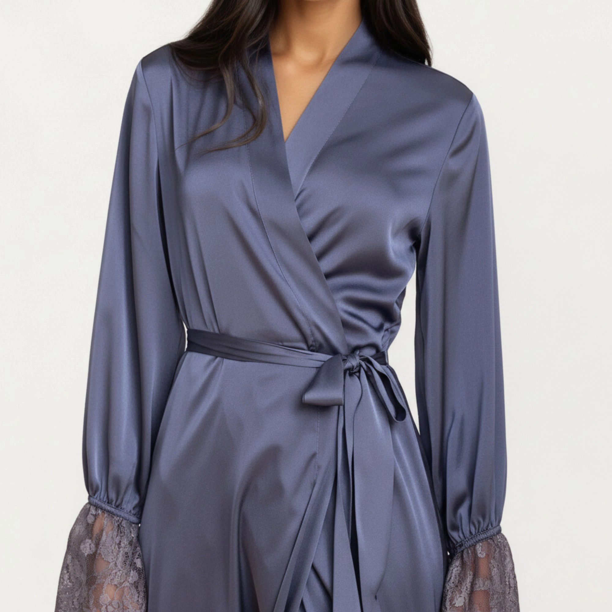 Anna-Kaci Women's Satin Wrap Robe Dress Long Sleeves Lace Cuff Detail and Adjustable Tie Waist Flowy Maxi Silhouette