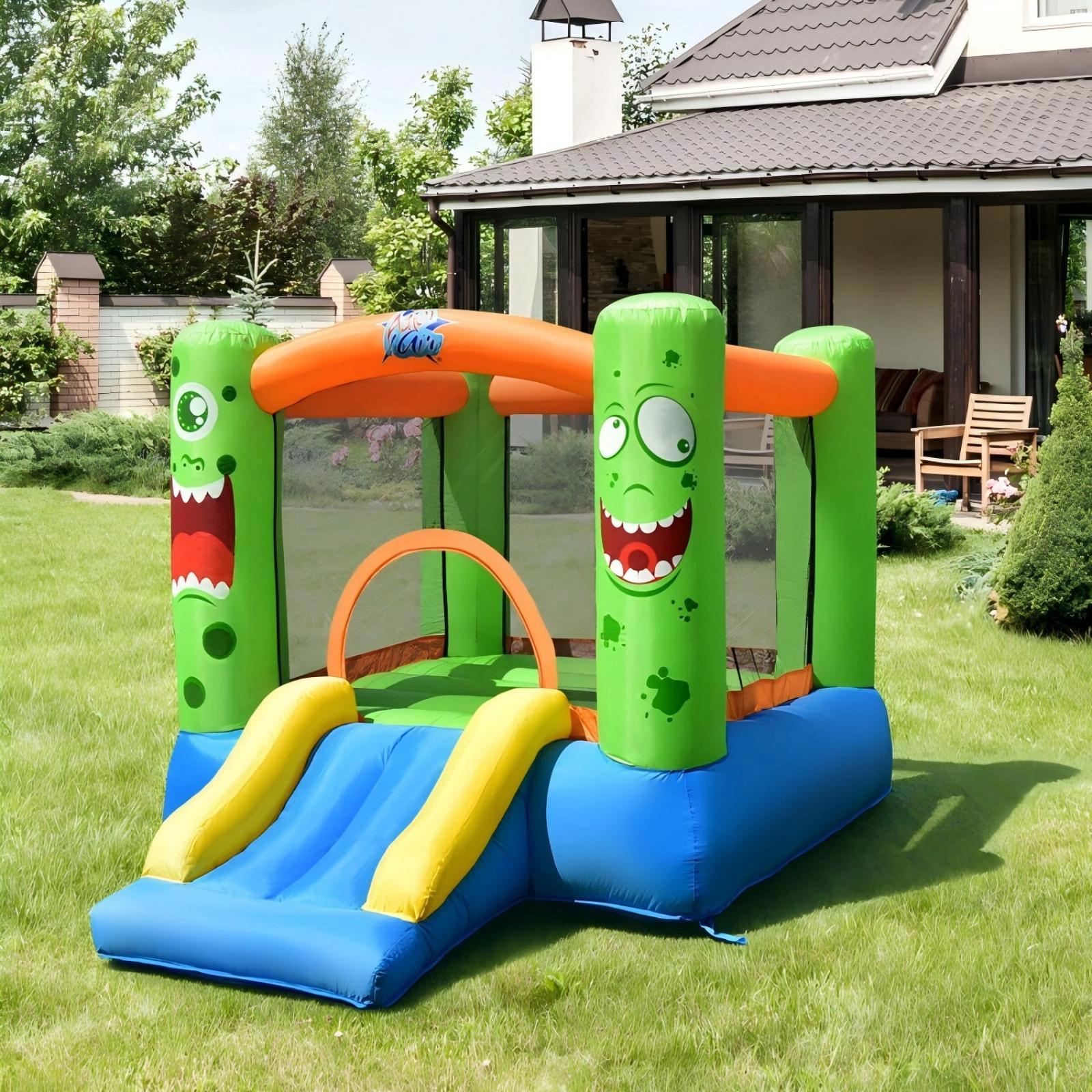 SUGIFT Inflatable Bounce House Jumper Castle Kid's Playhouse Long Slide 198-lb Capacity Ages 3-10 Color As Picture Shows