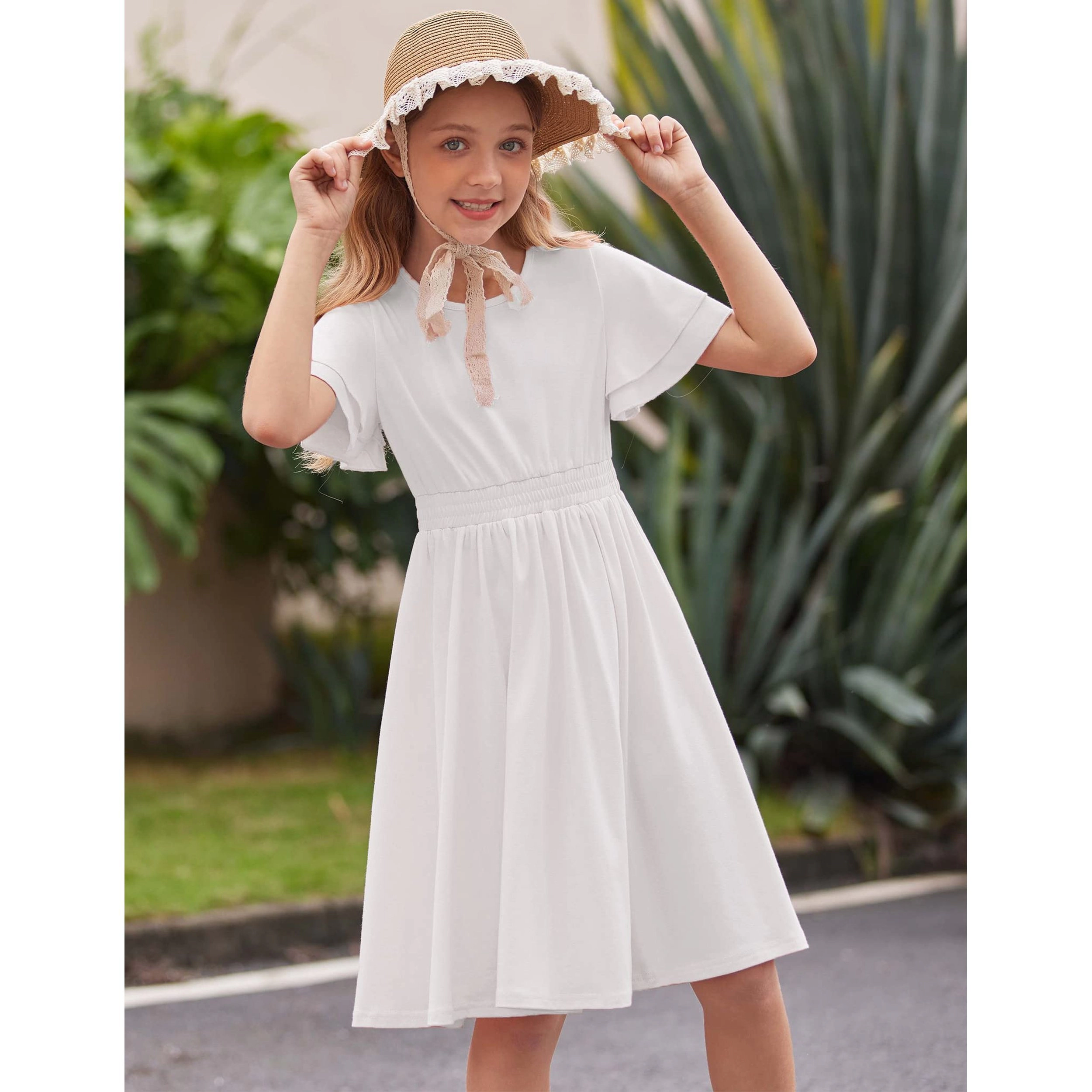 Arshiner Dress For Girls Plain Shirred High Waist Flowy Casual Party Aline Sundress