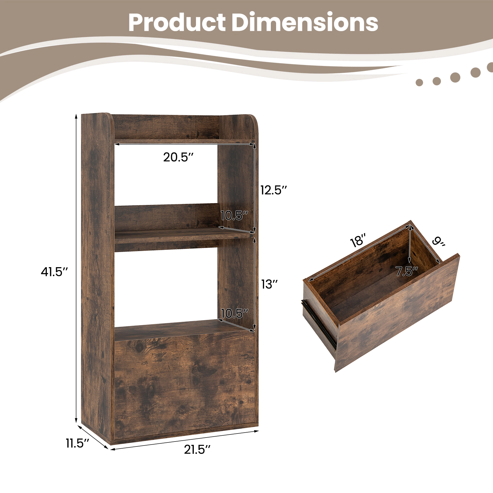 SUGIFT Rustic Brown Freestanding Bookshelf with 3-Tier Open Shelf and Pull-Out Drawer