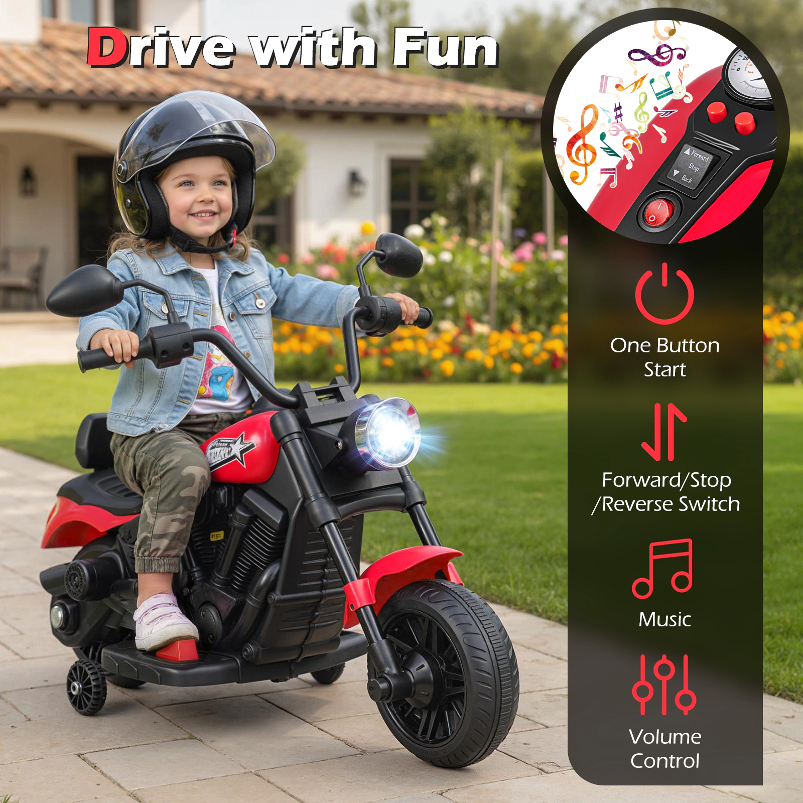 SUGIFT 6V Ride-On Kids Motorcycle with Headlight Music Training Wheels 66-lb Capacity Ages 3+ 31-in Long Red